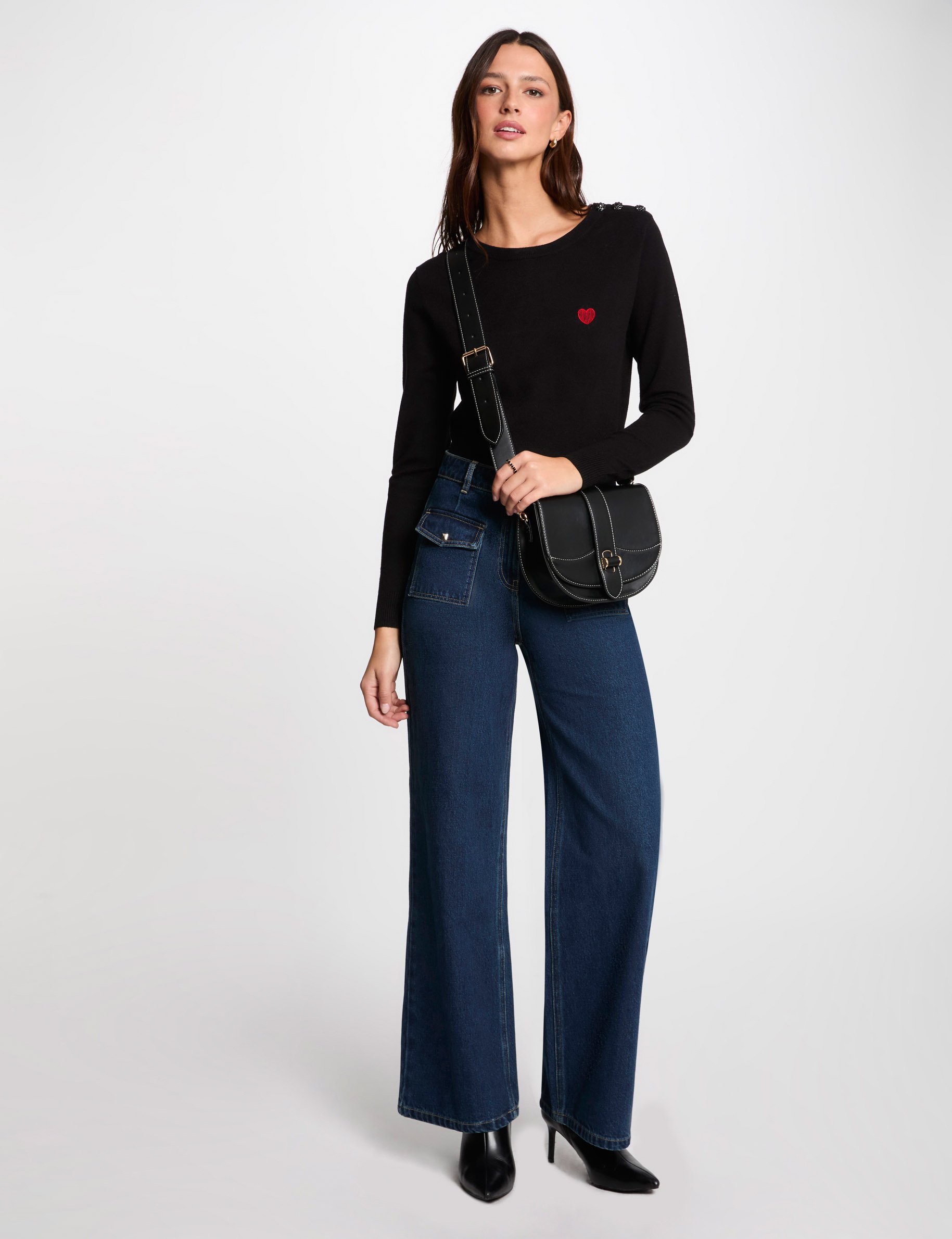 pull col rond et boutons noir femme Pull col rond et boutons noir femme