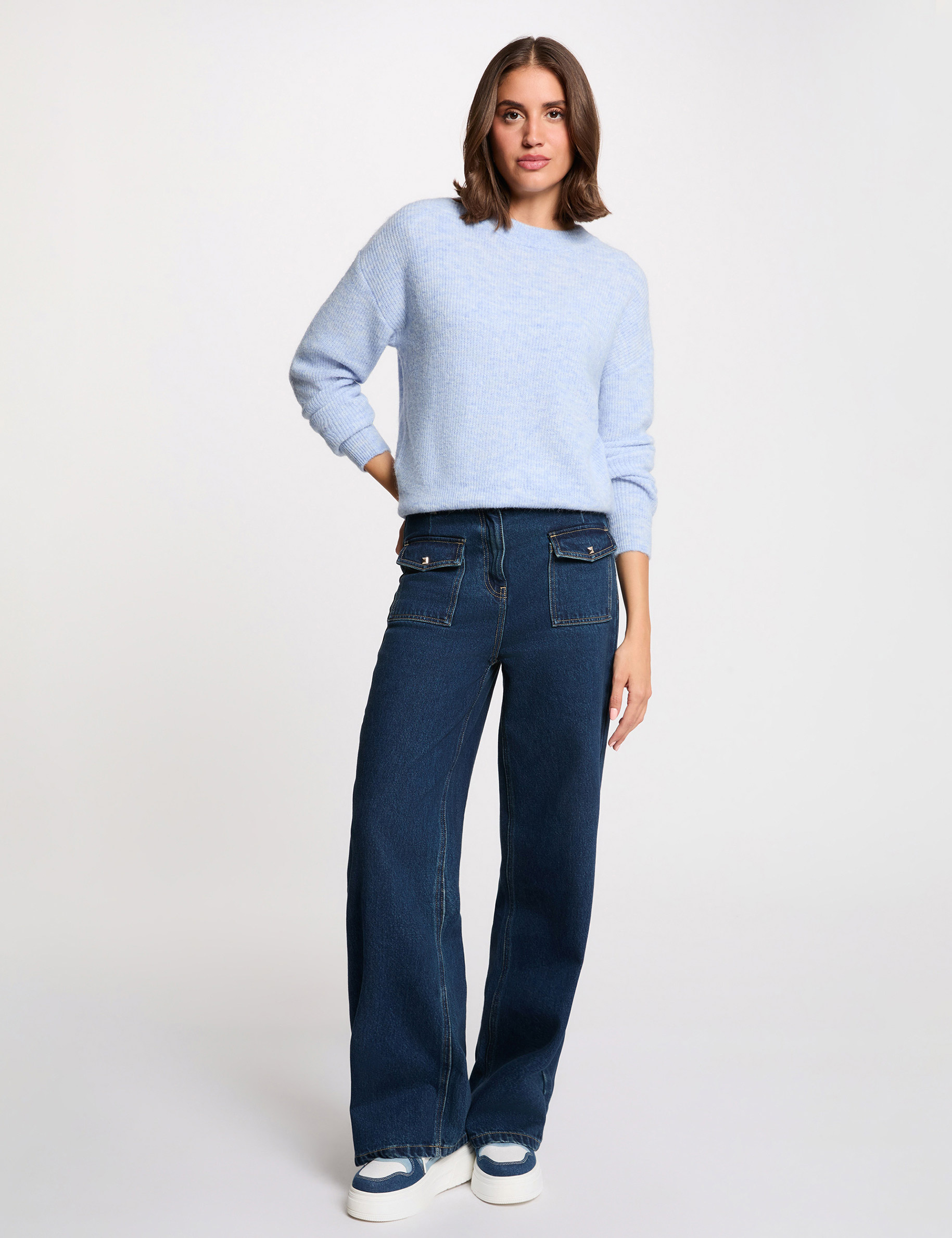 Pull col rond manches longues bleu ciel femme