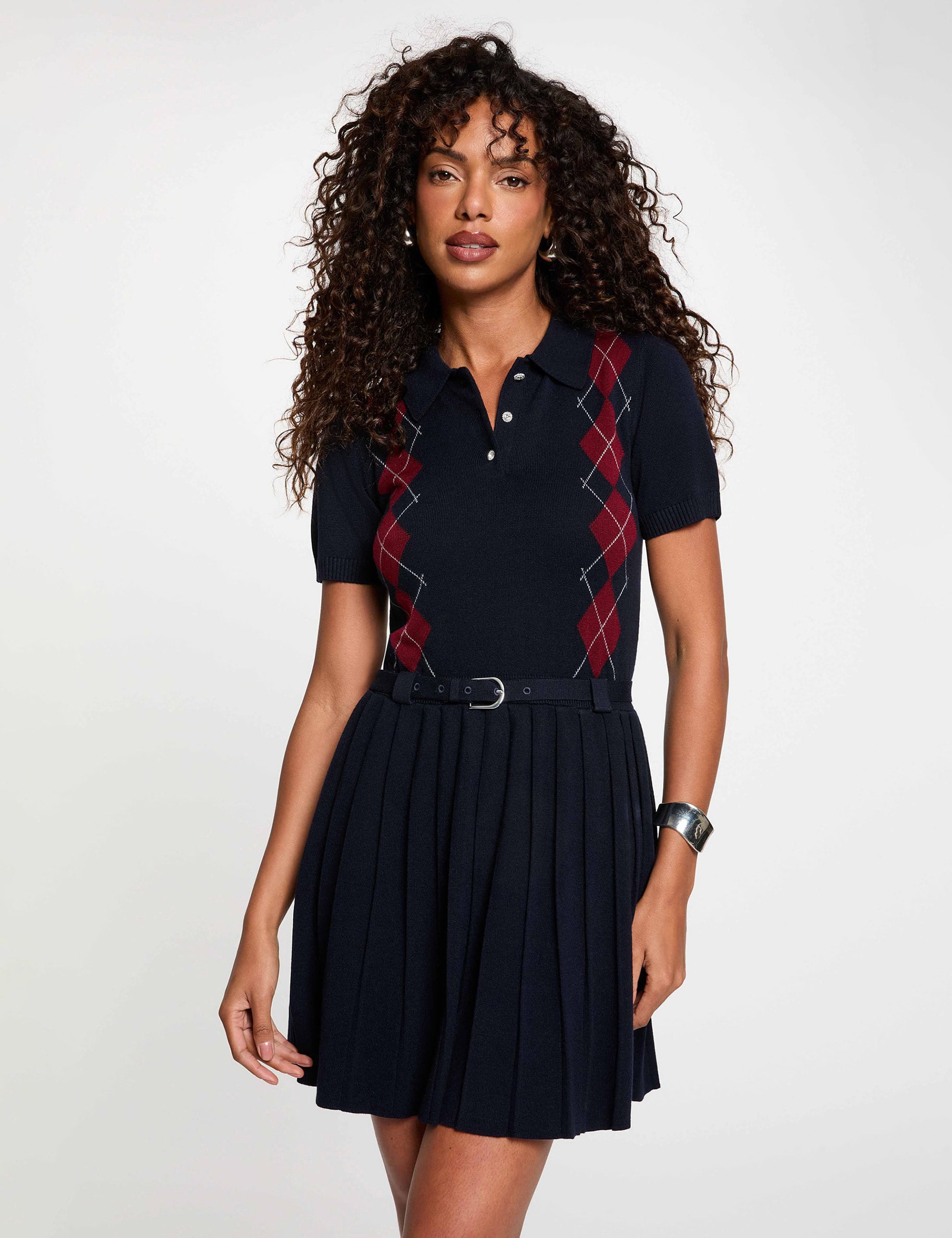 Robe tricot col &agrave; revers bleu marine femme