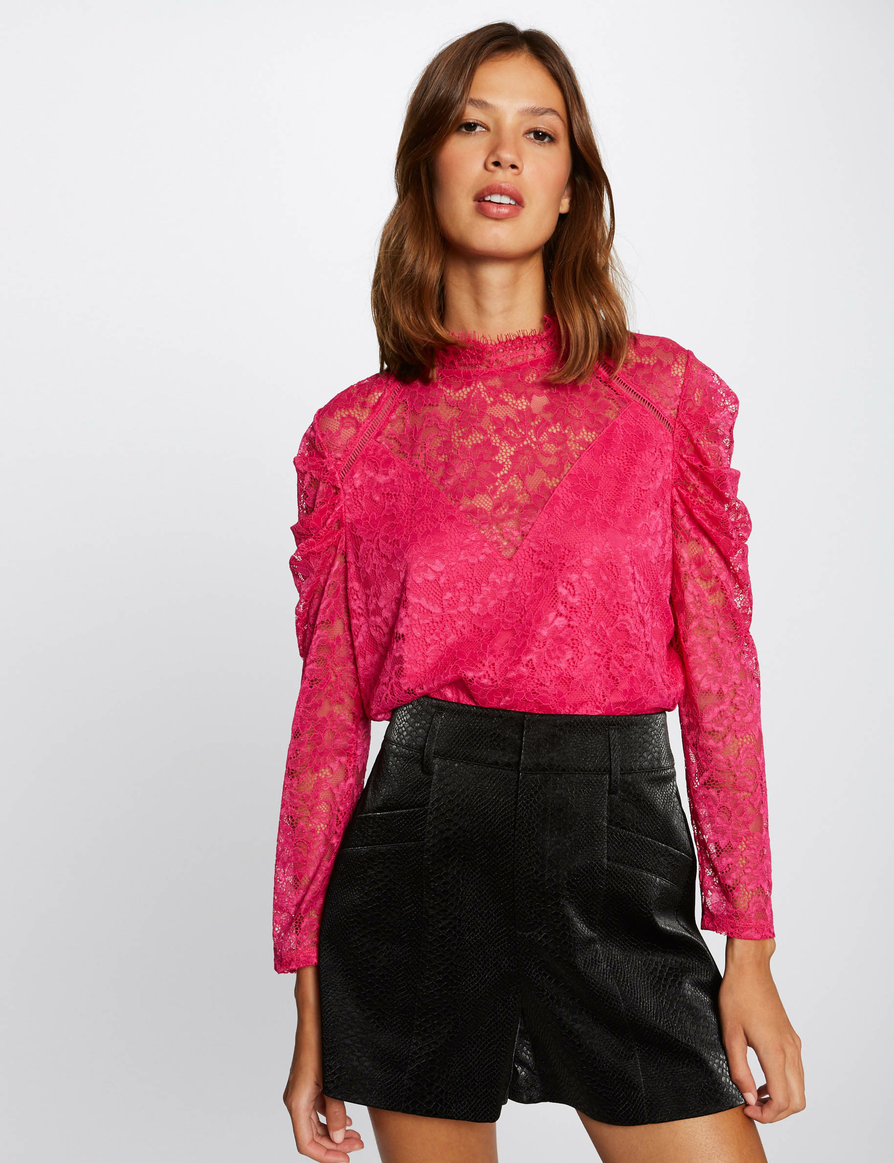 T-shirt Femme MS MODE Taille L - Fushia, Manches 3/4 Dentelle, Viscose, Occasion Très Bon état