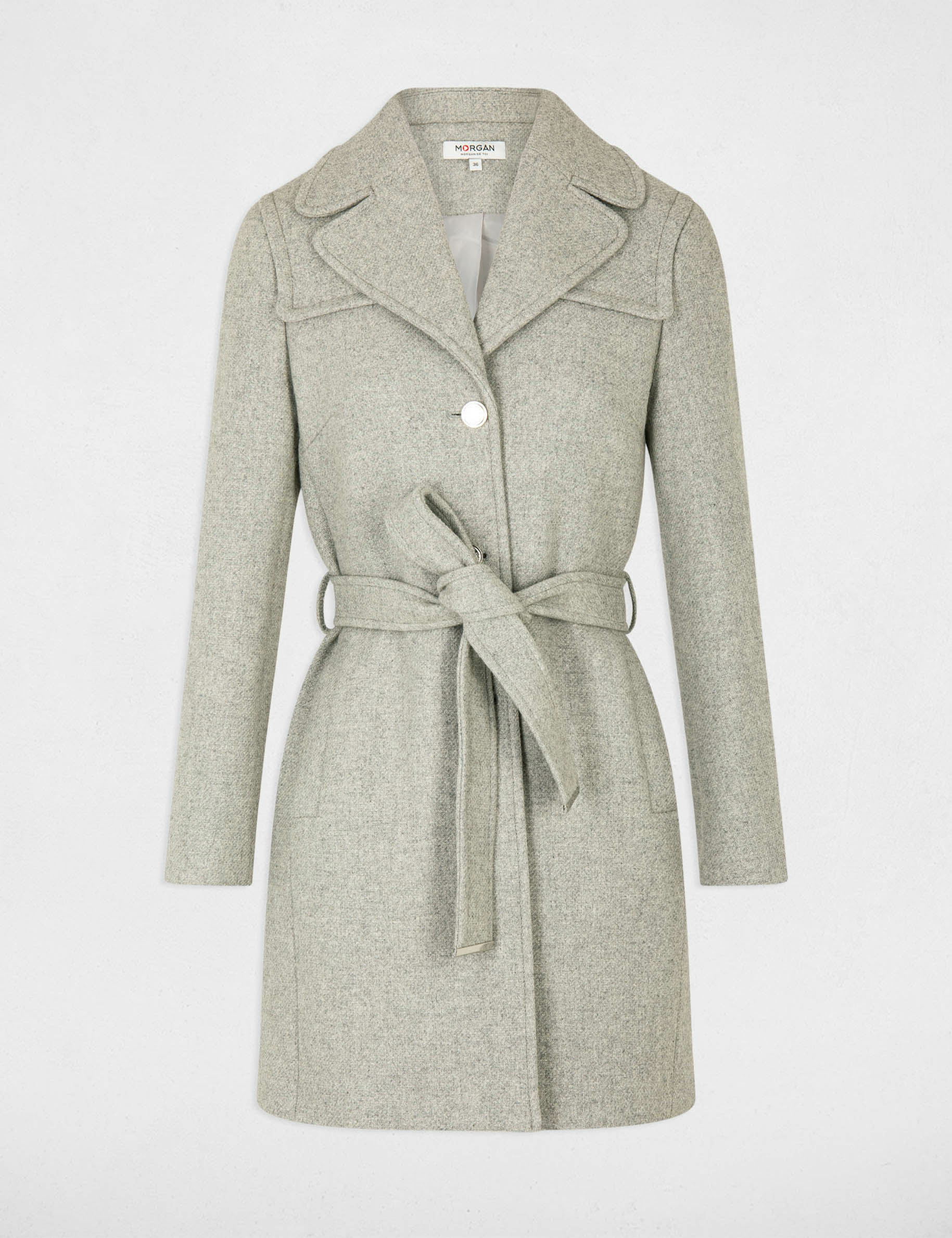 Manteau cintré ceinturé gris clair femme