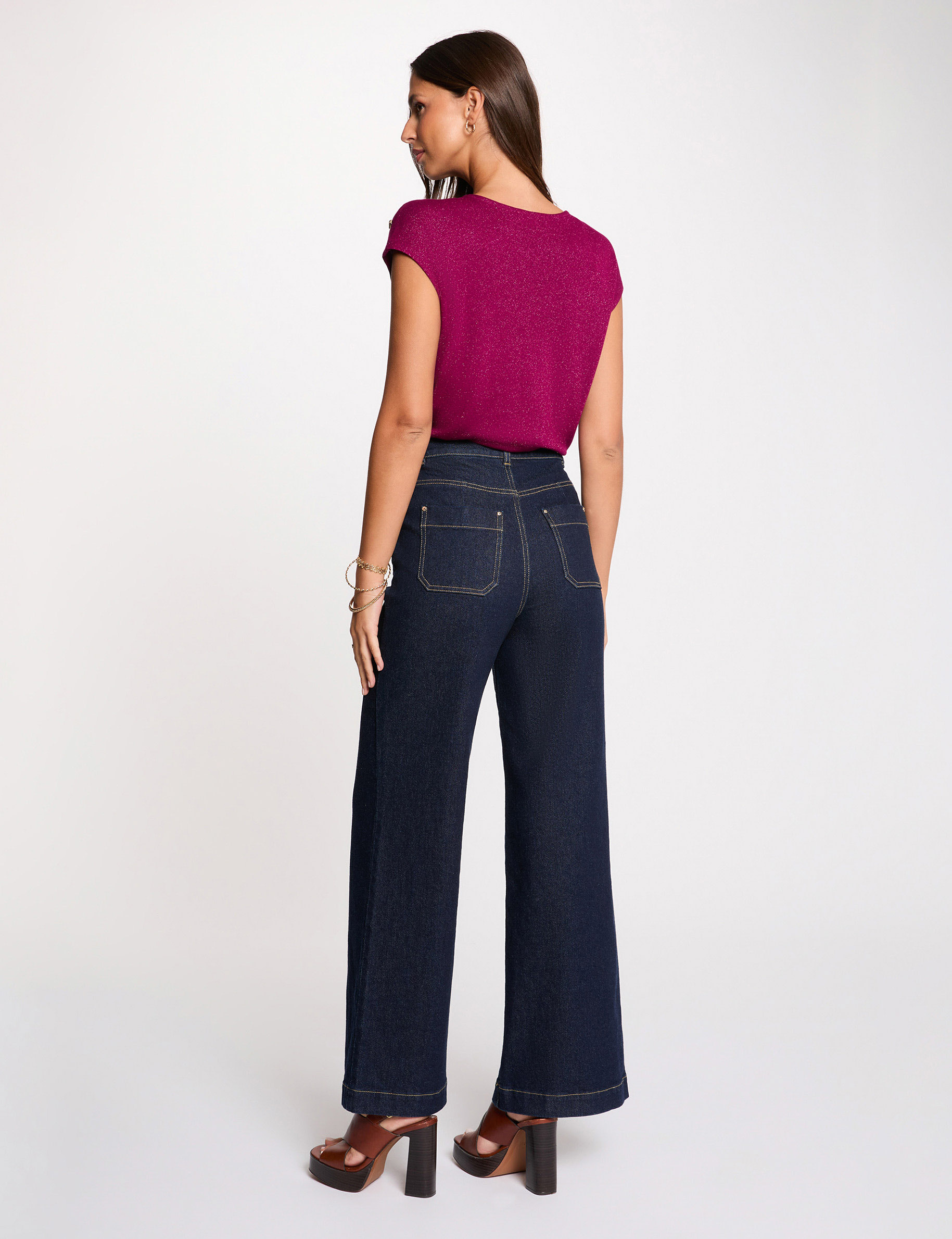 T-shirt col v boutons prune femme