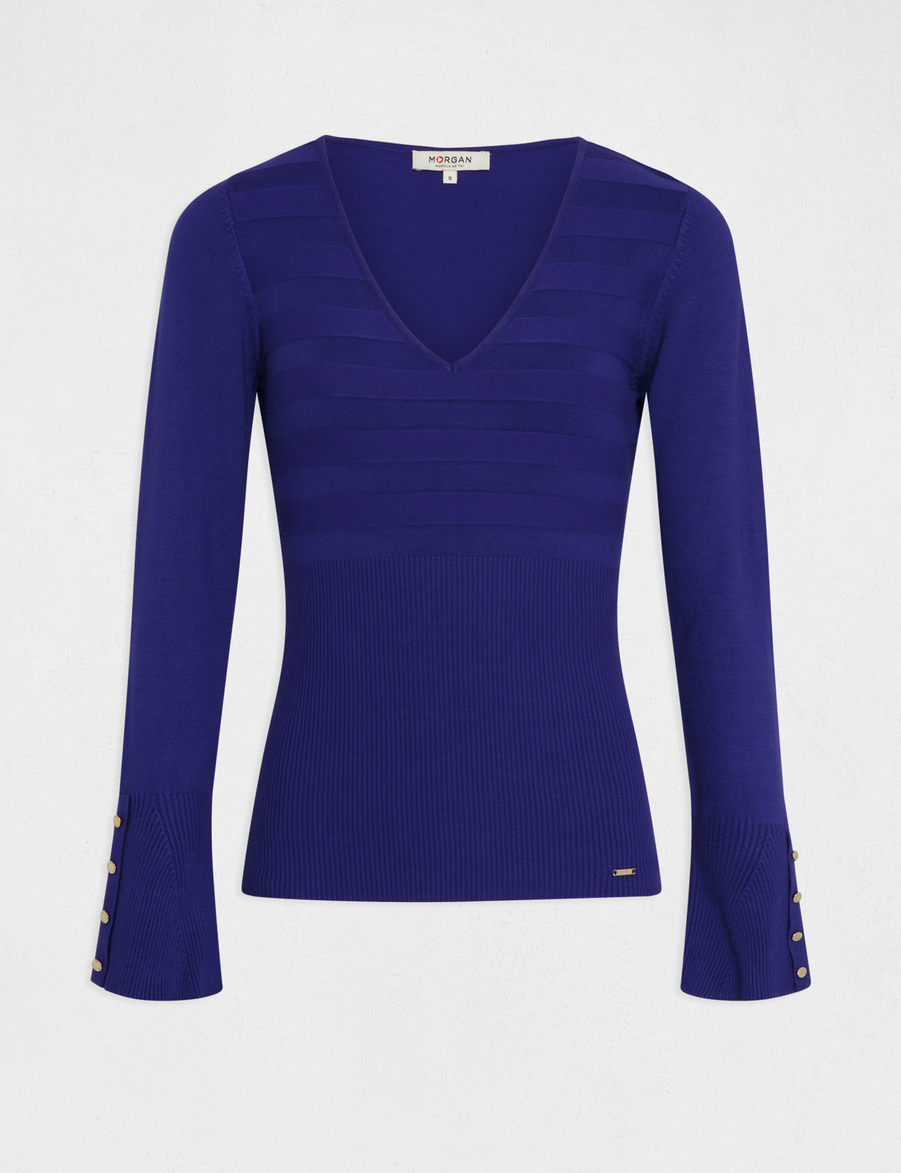 pull manches longues avec col en v bleu moyen femme Pull manches longues avec col en V bleu moyen femme