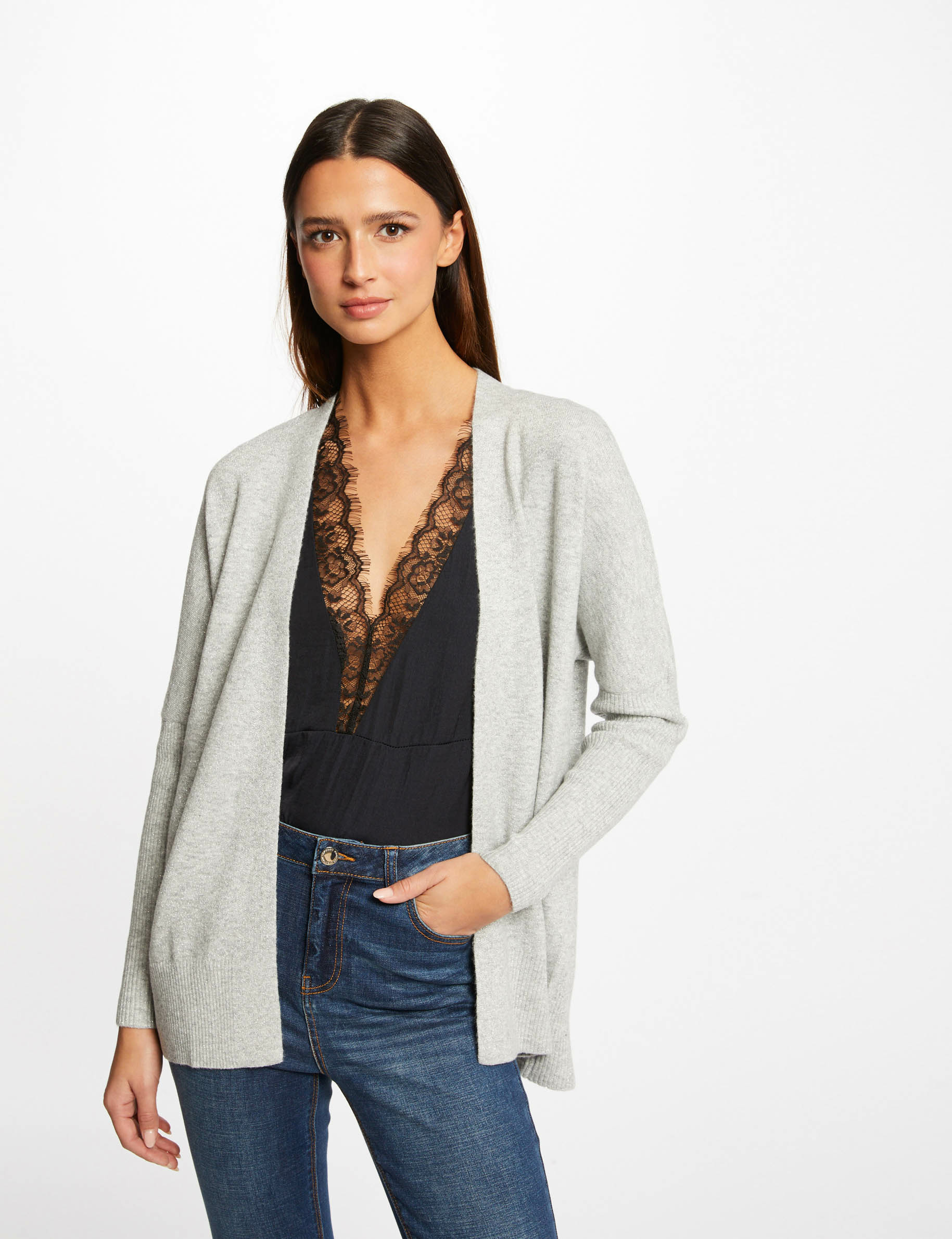Gilet manches longues à col ouvert gris clair femme