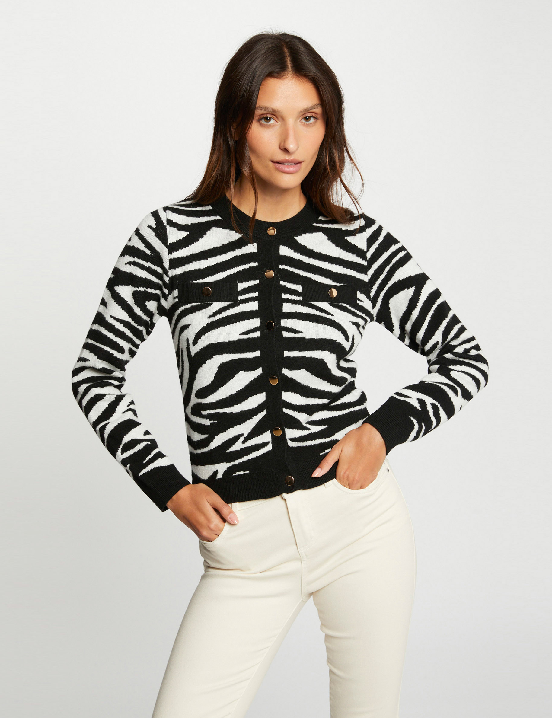 Image of Gilet manches longues imprimé zèbre noir femme