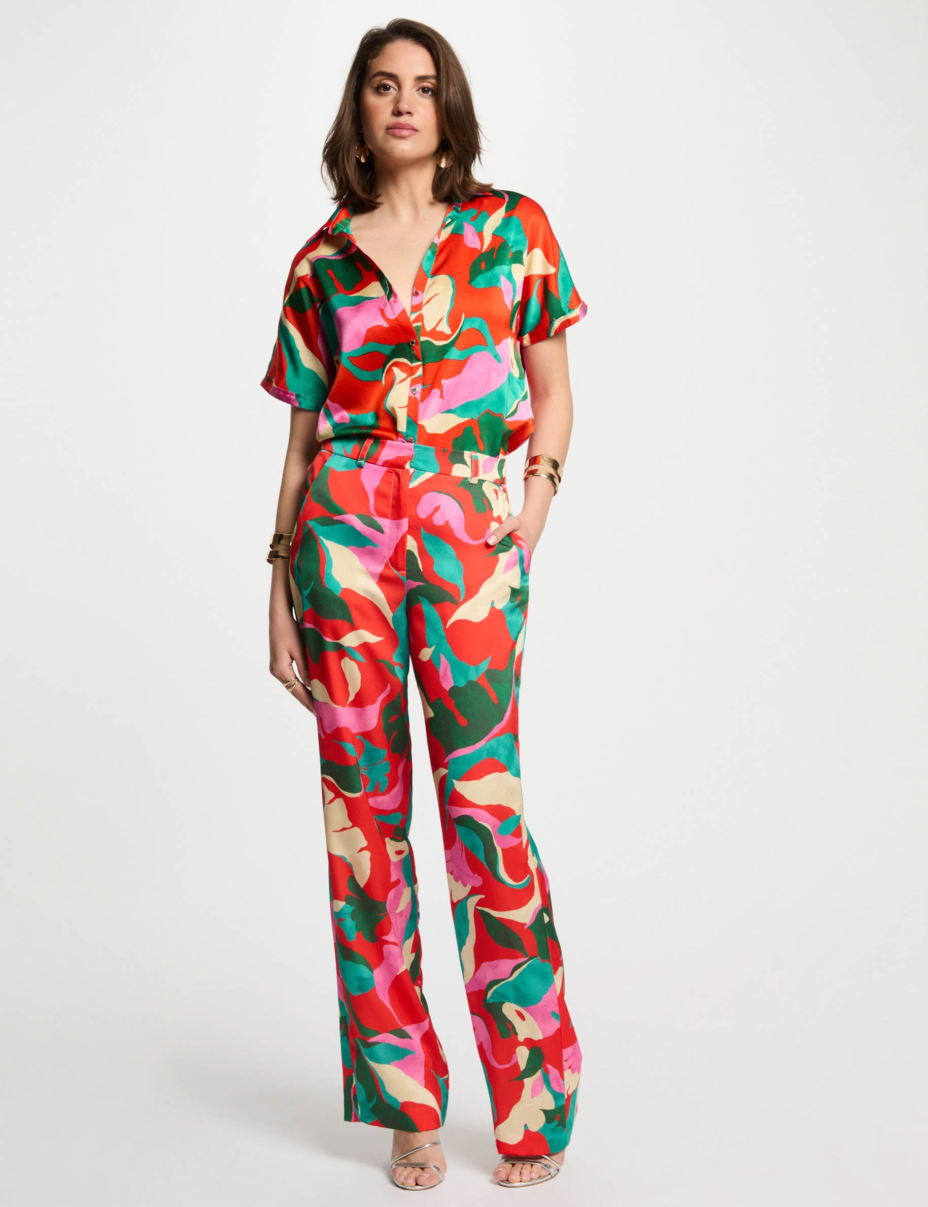 Pantalon droit imprim&eacute; multicolore femme