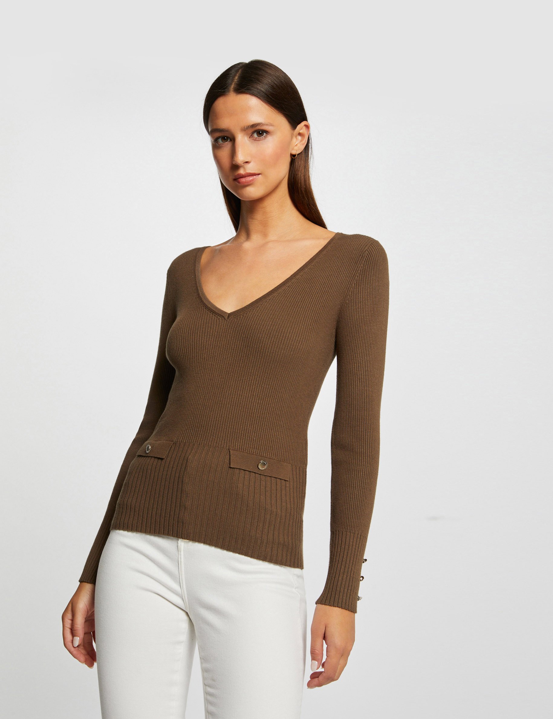pull manches longues cotele a col en v vert moyen femme Pull manches longues côtelé à col en V vert moyen femme