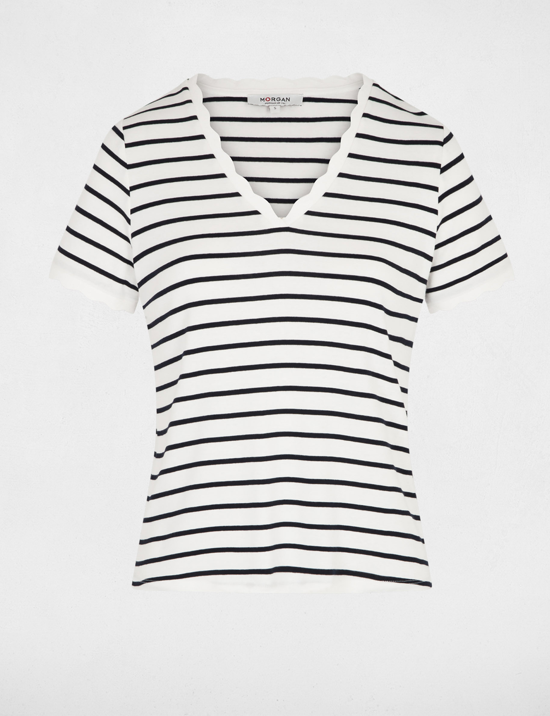 T-shirt ray&eacute; col v blanc femme