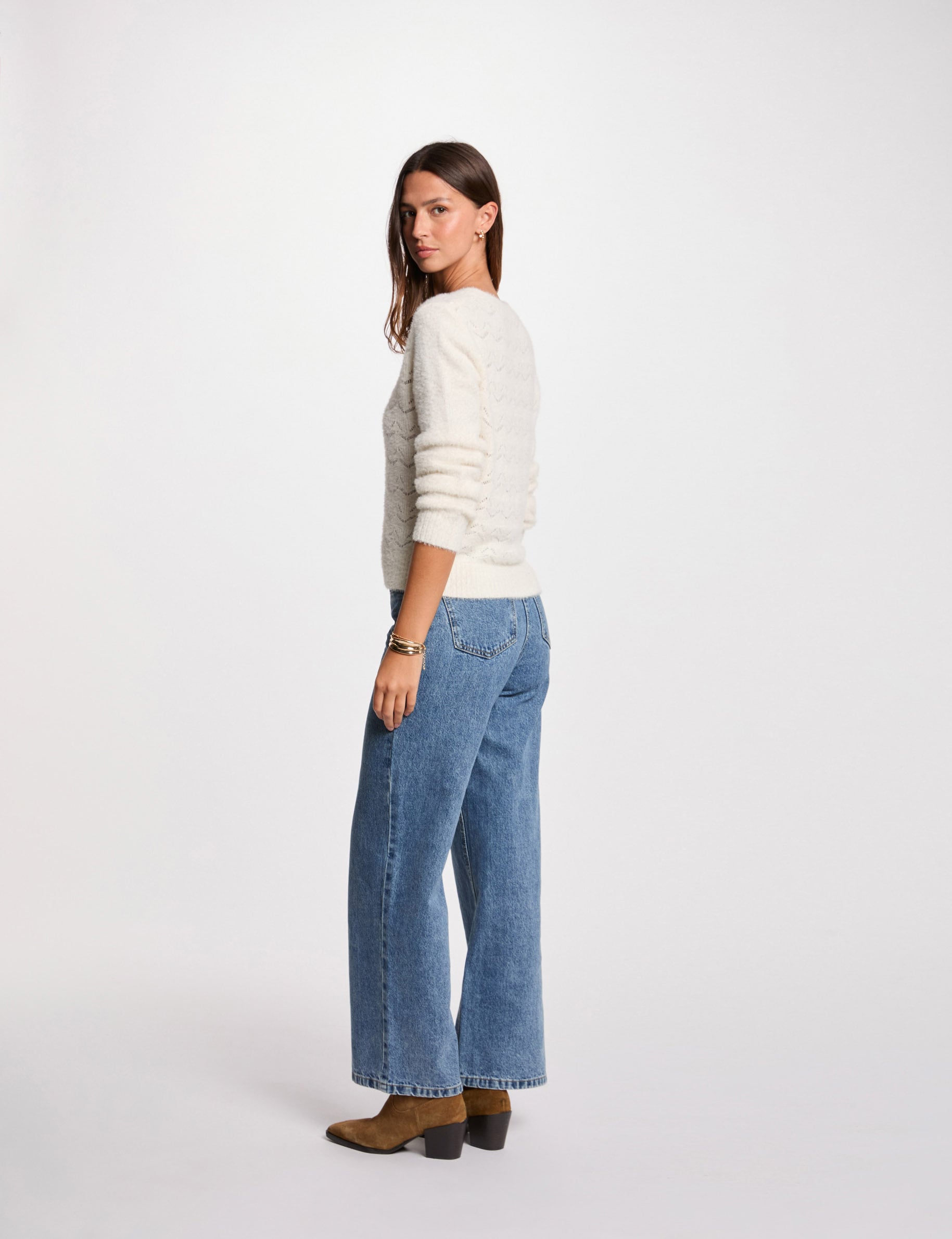 Gilet col v textur&eacute; ivoire femme