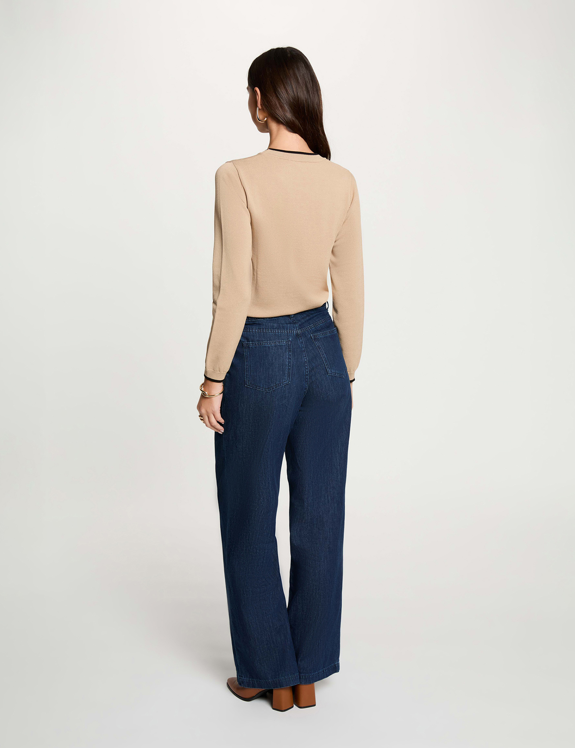 Pull col rond manches longues beige femme
