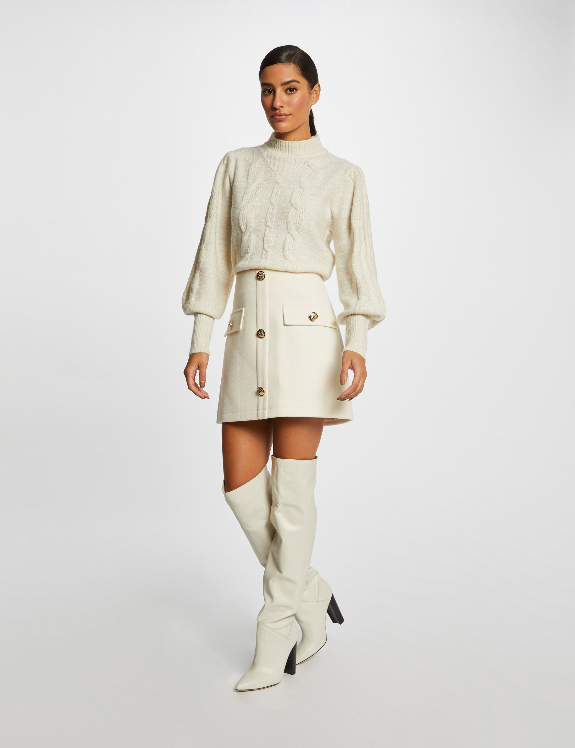 Pull manches longues avec col montant ivoire femme Pull manches longues avec col montant ivoire femme