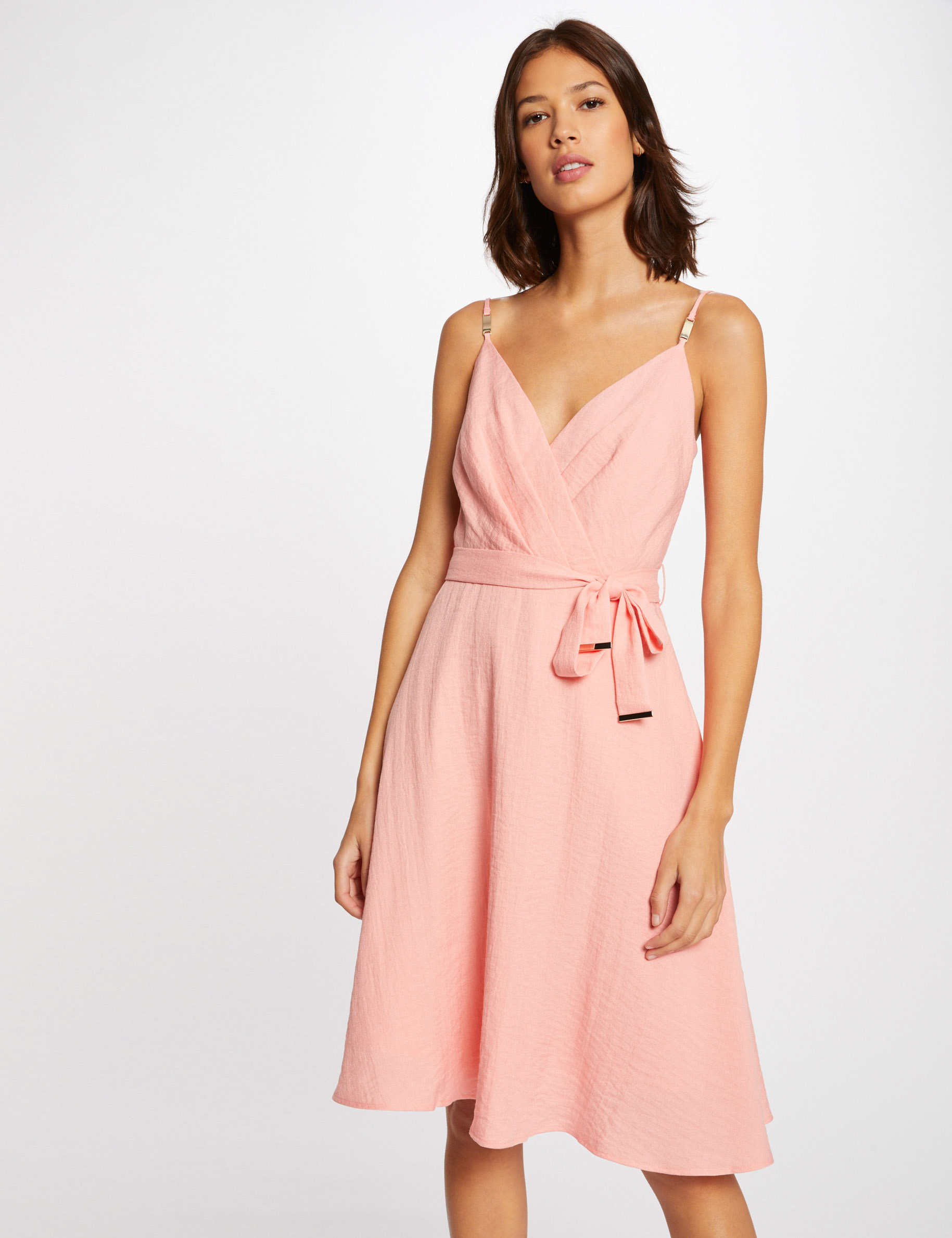 Robe évasée à bretelles ceinturée rose pale femme