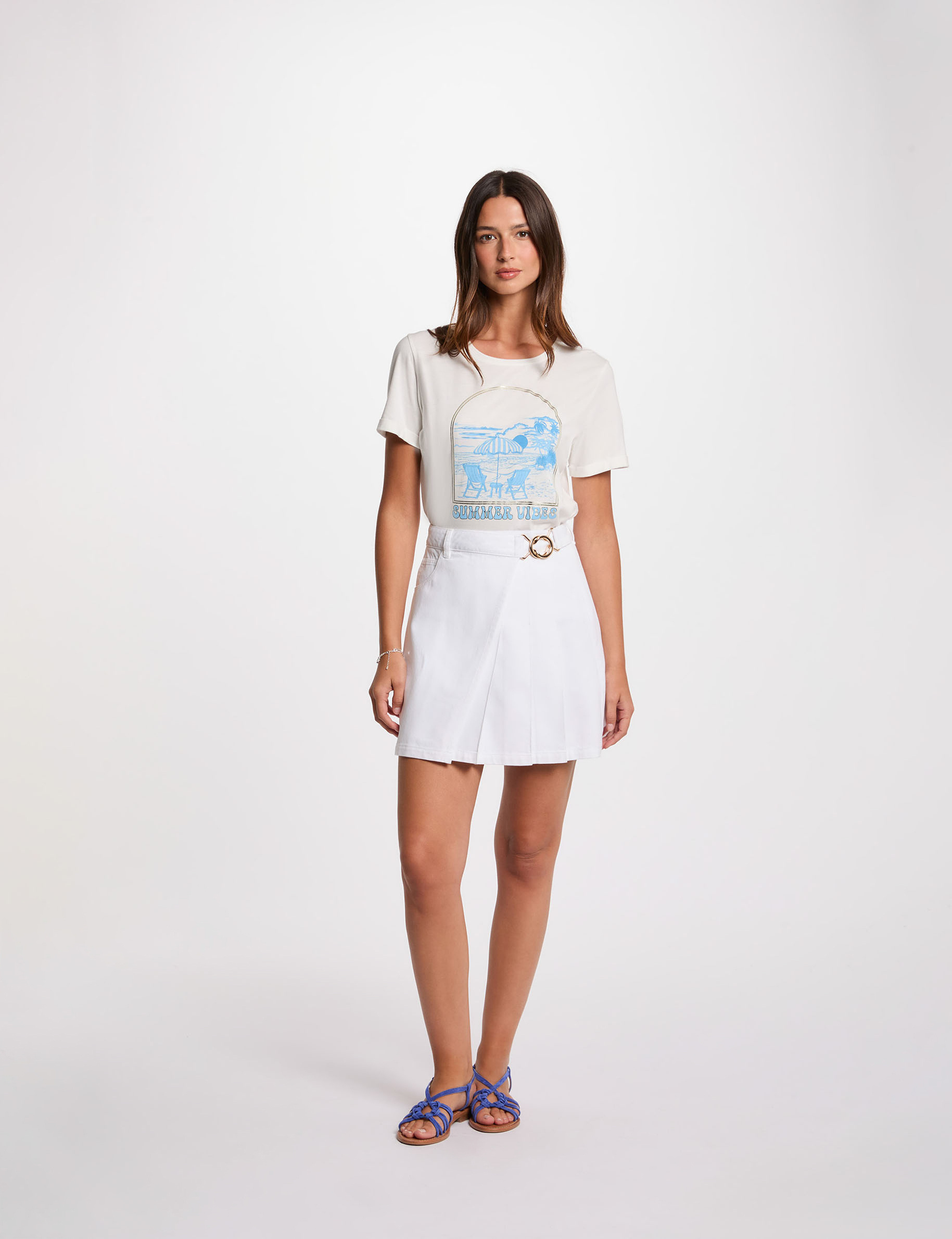 Jupe en jean pliss&eacute;e blanc femme