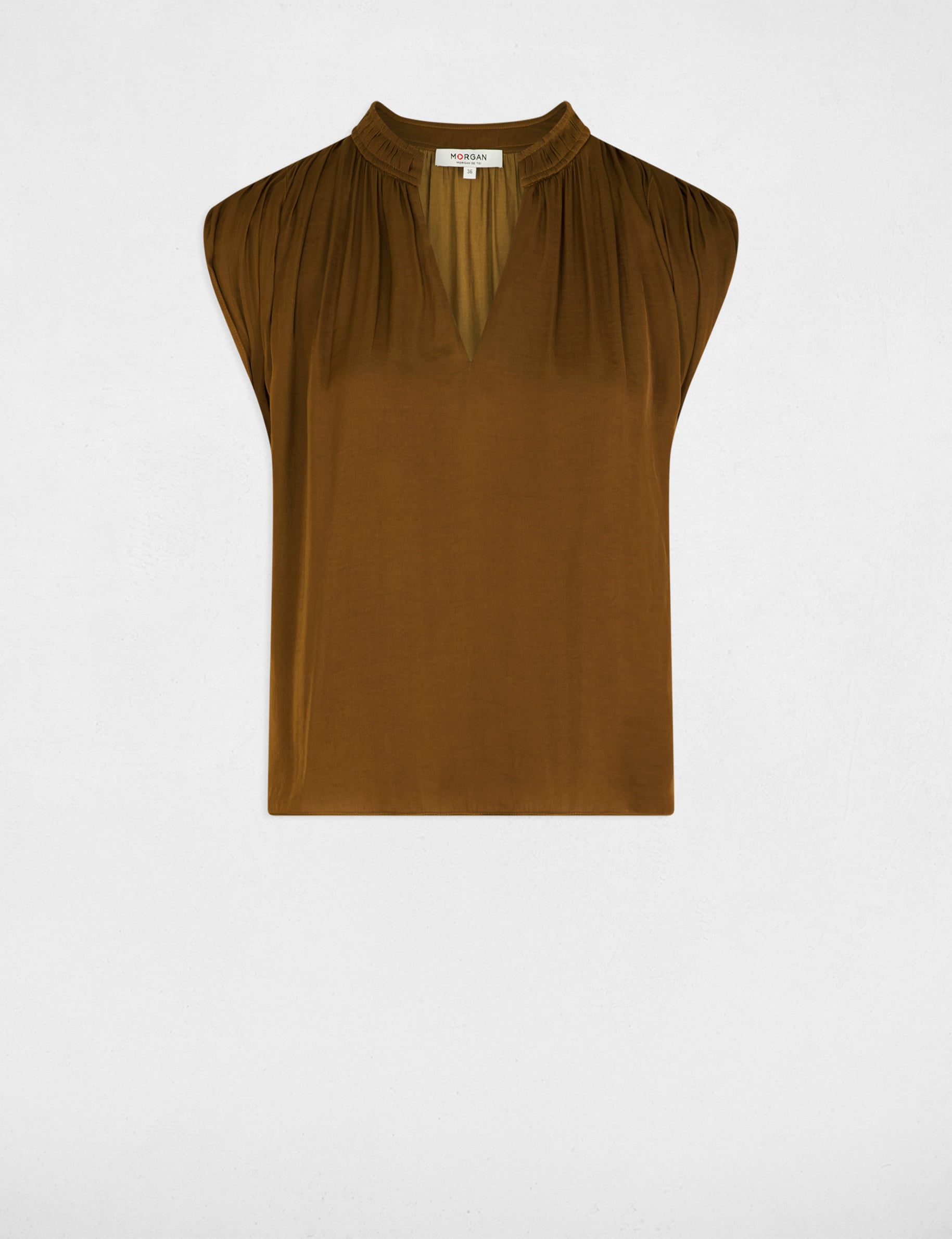 Blouse manches courtes satin camel femme