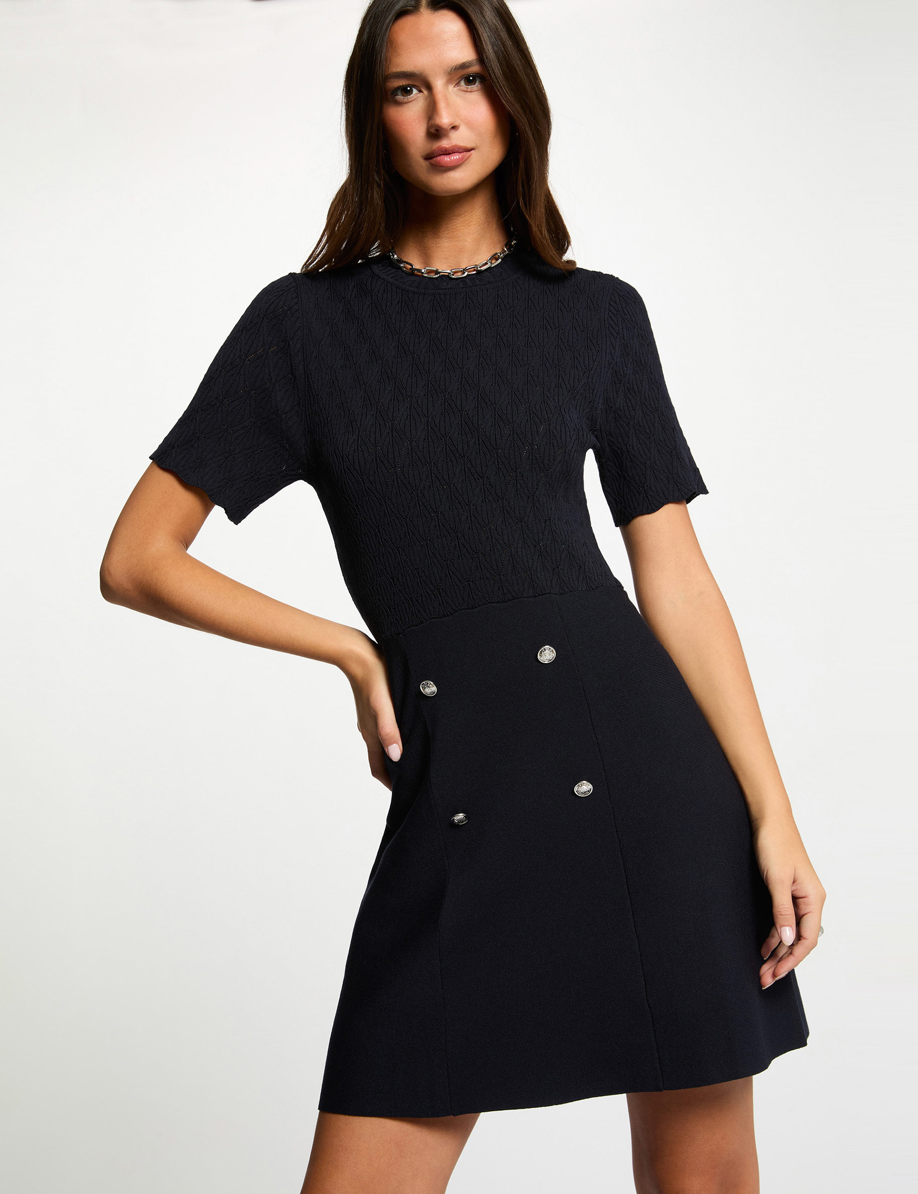 Robe tricot courte col rond bleu marine femme