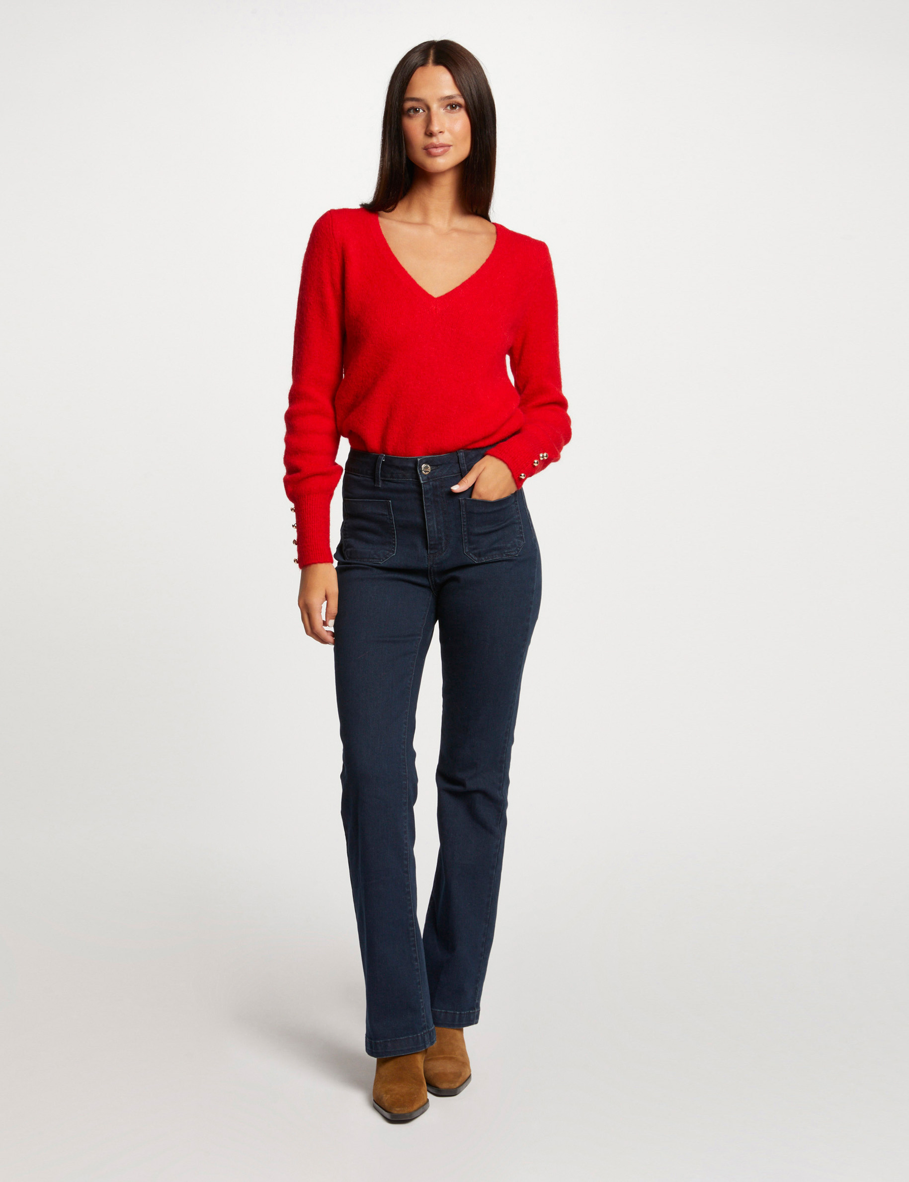 pull manches longues col en v rouge femme Pull manches longues col en V rouge femme
