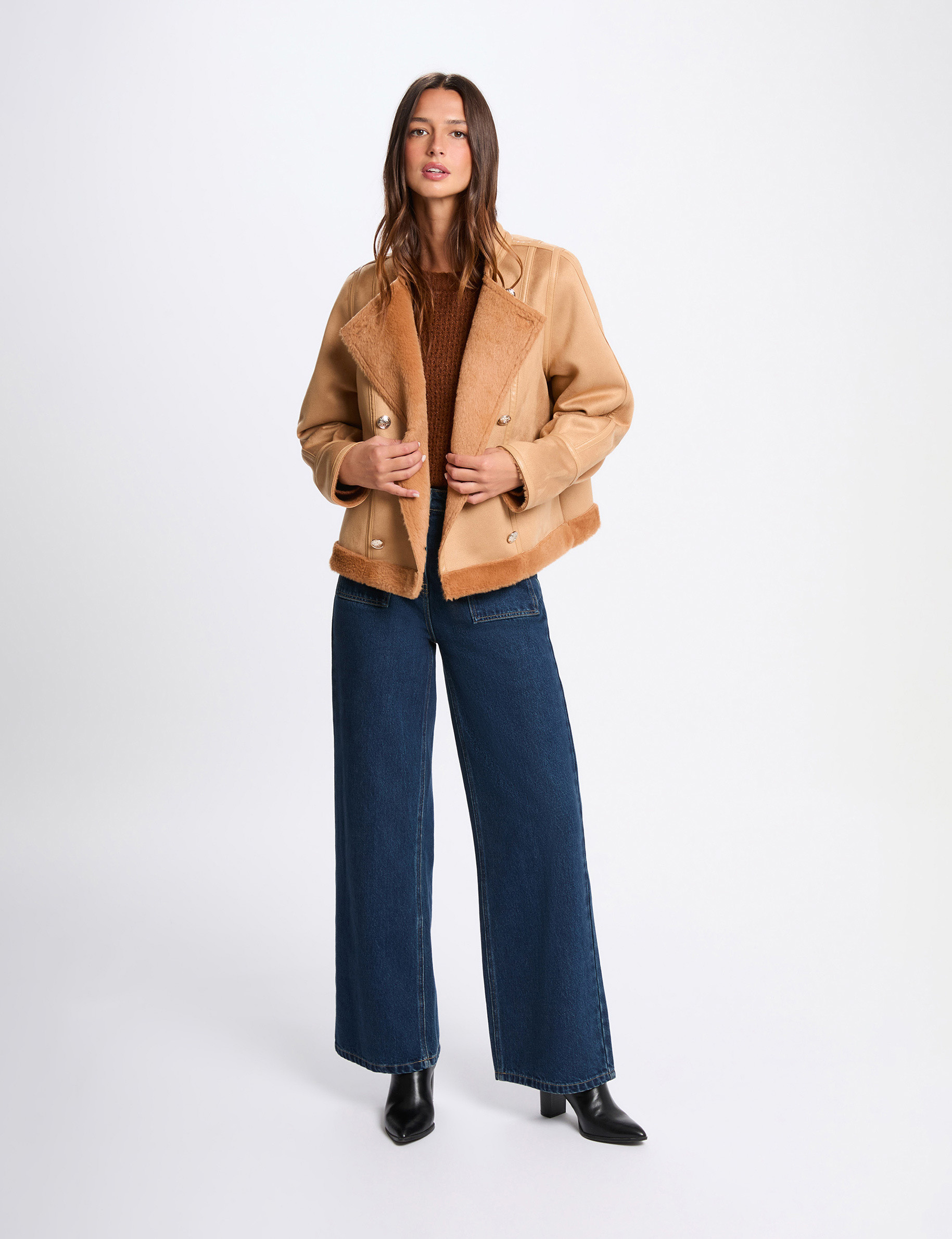Veste courte peau lain&eacute;e marron cognac femme