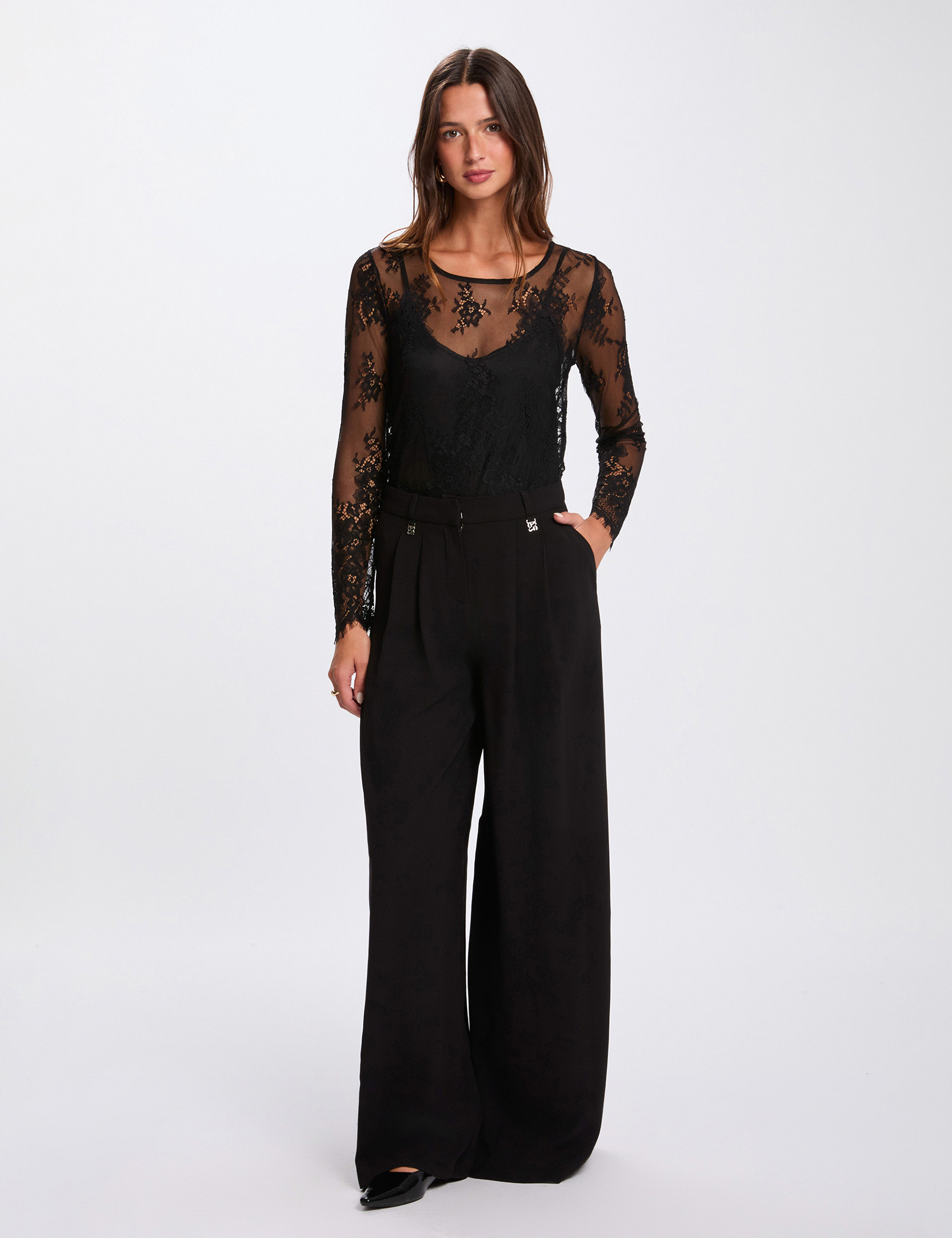 Tee Tops Femmes Manches Longues Chemise Creux Fleurs Dentelle Mousseline De Soie Blouse