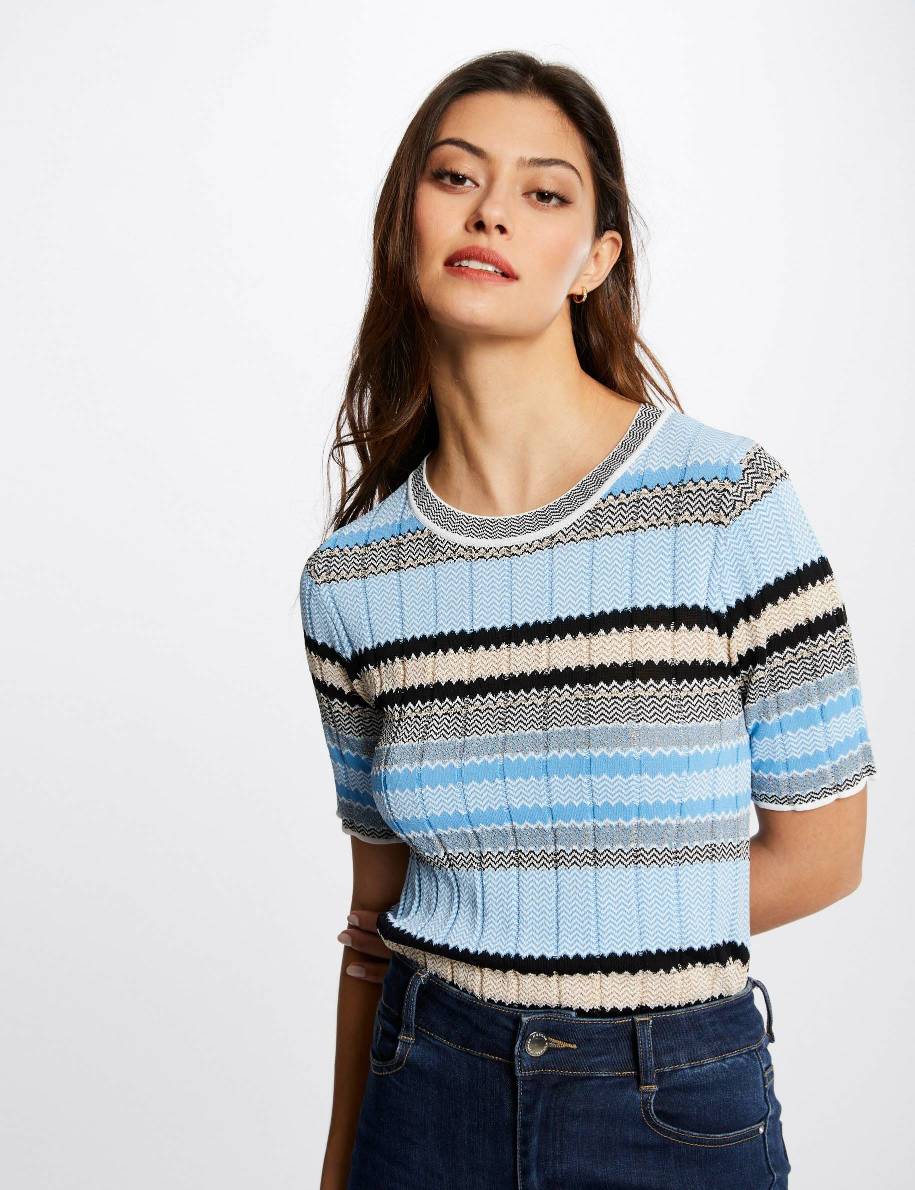 Pull manches courtes à rayures ciel femme