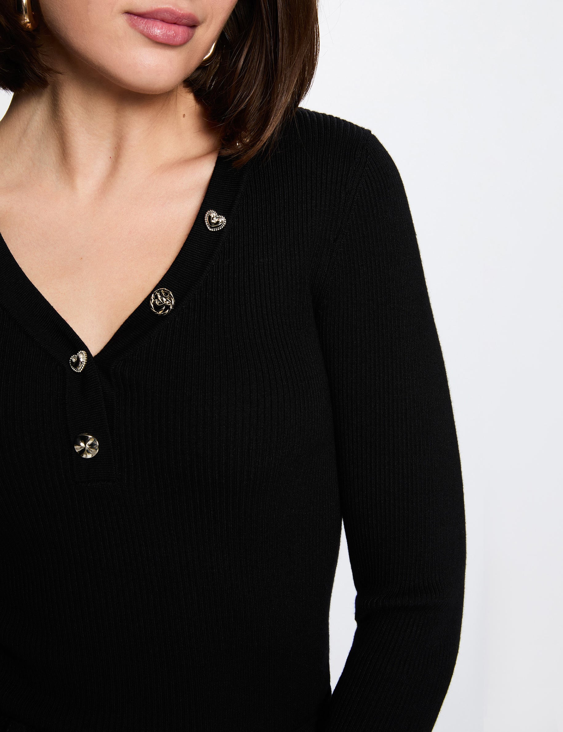 Pull col v fantaisie noir femme