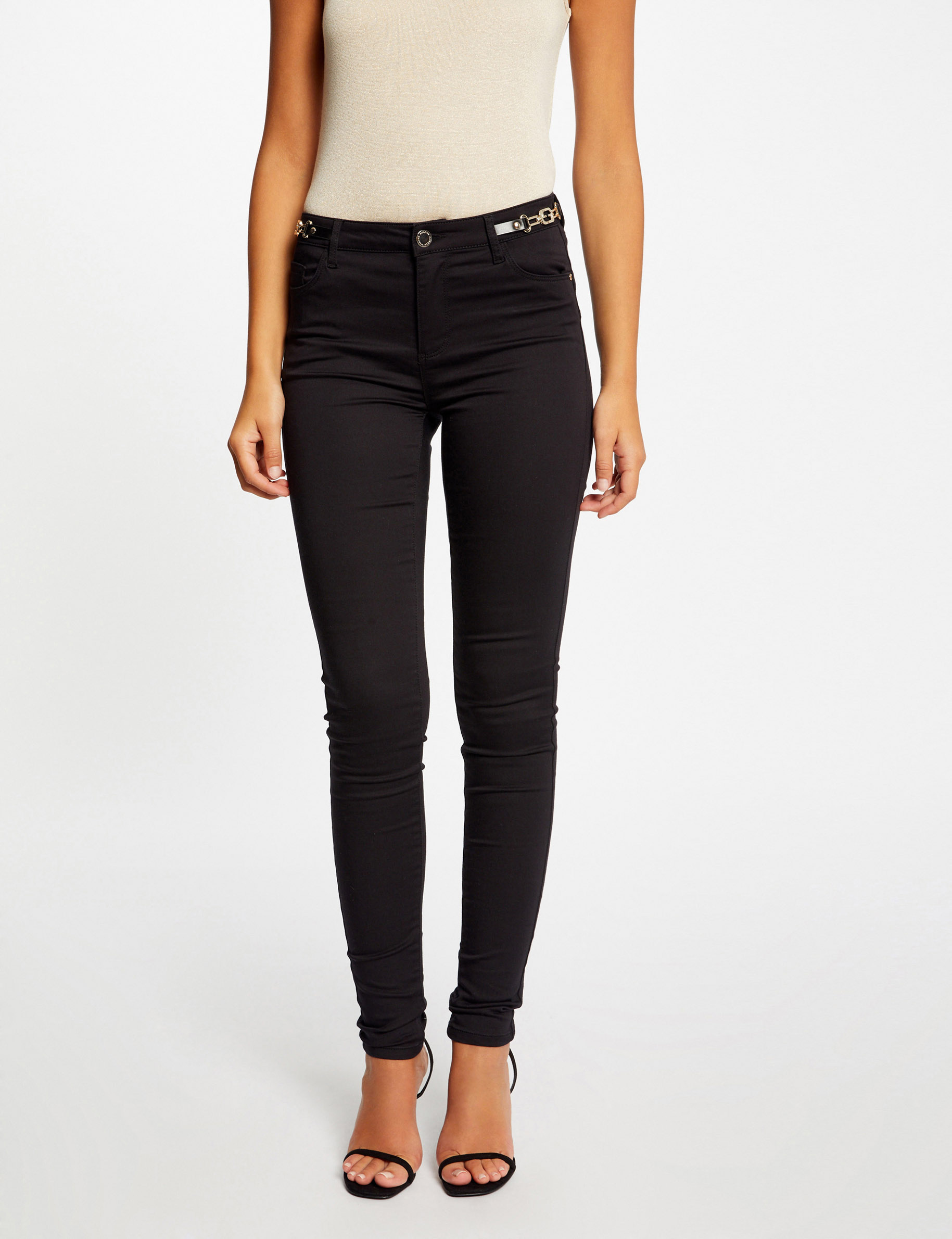 pantalon skinny a details chaines noir femme Pantalon skinny à détails chaînes noir femme
