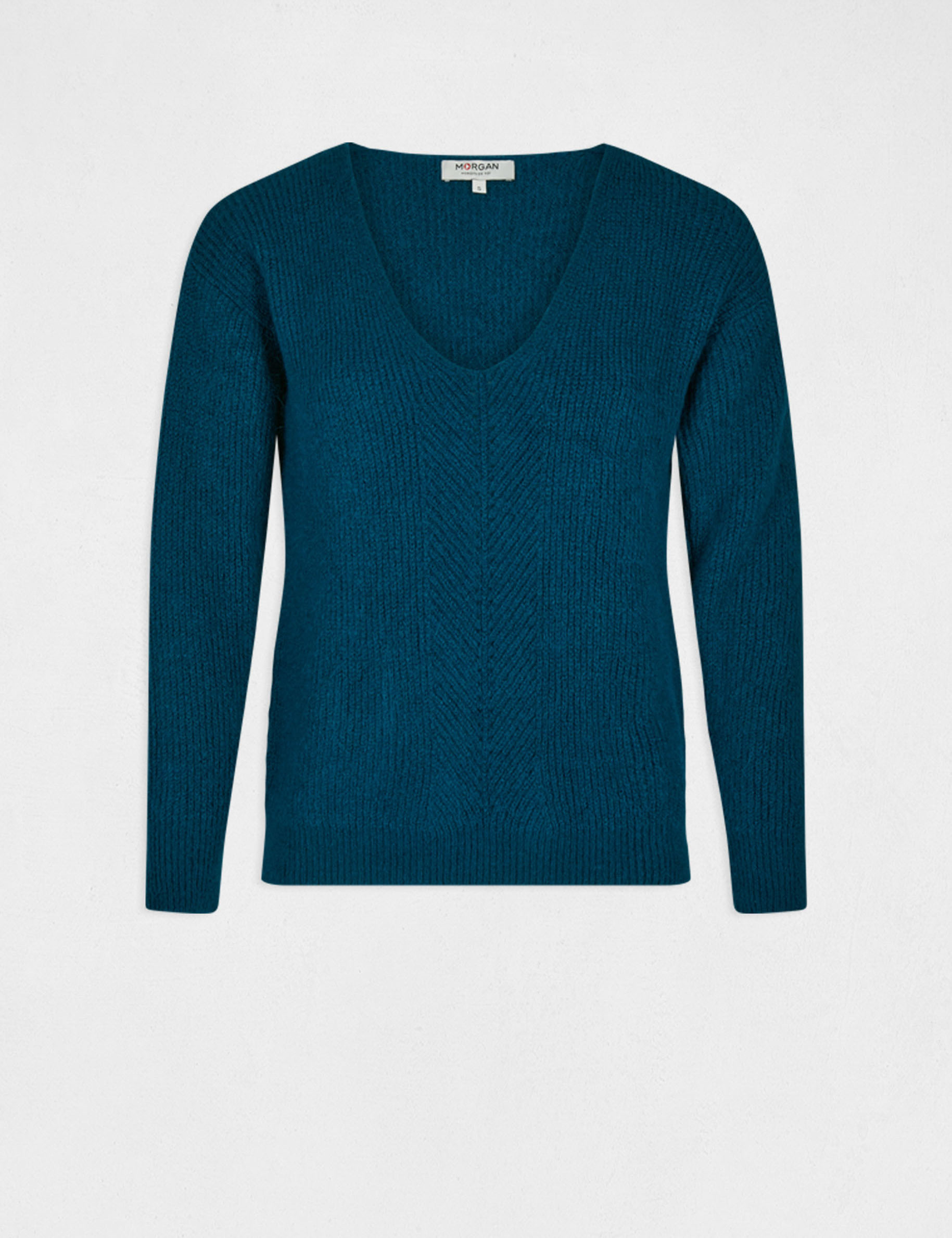 Pull manches longues avec col en V bleu moyen femme Pull manches longues avec col en V bleu moyen femme