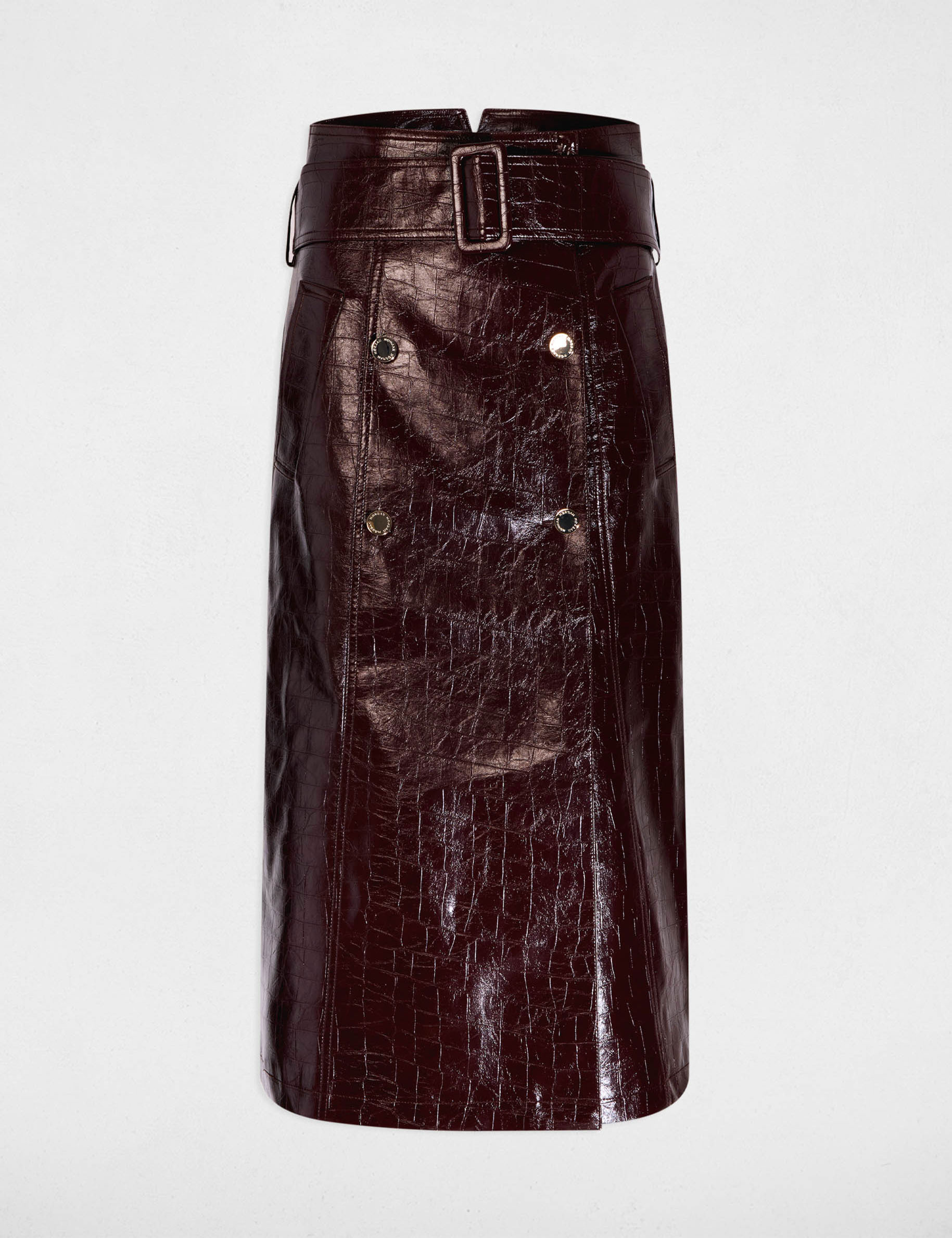 Jupe longue ceintur&eacute;e prune femme