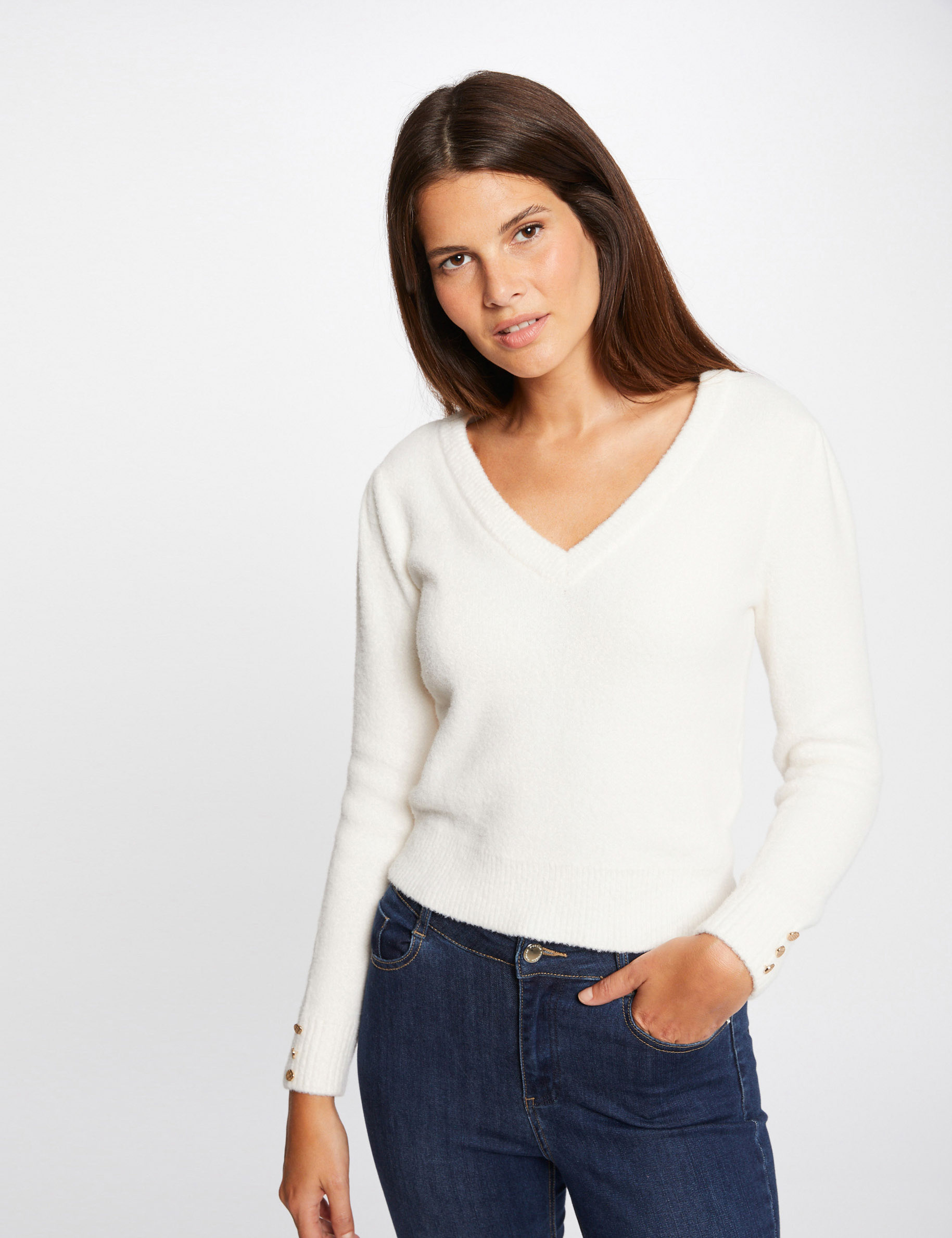 Pull manches longues avec col en V ivoire femme Pull manches longues avec col en V ivoire femme