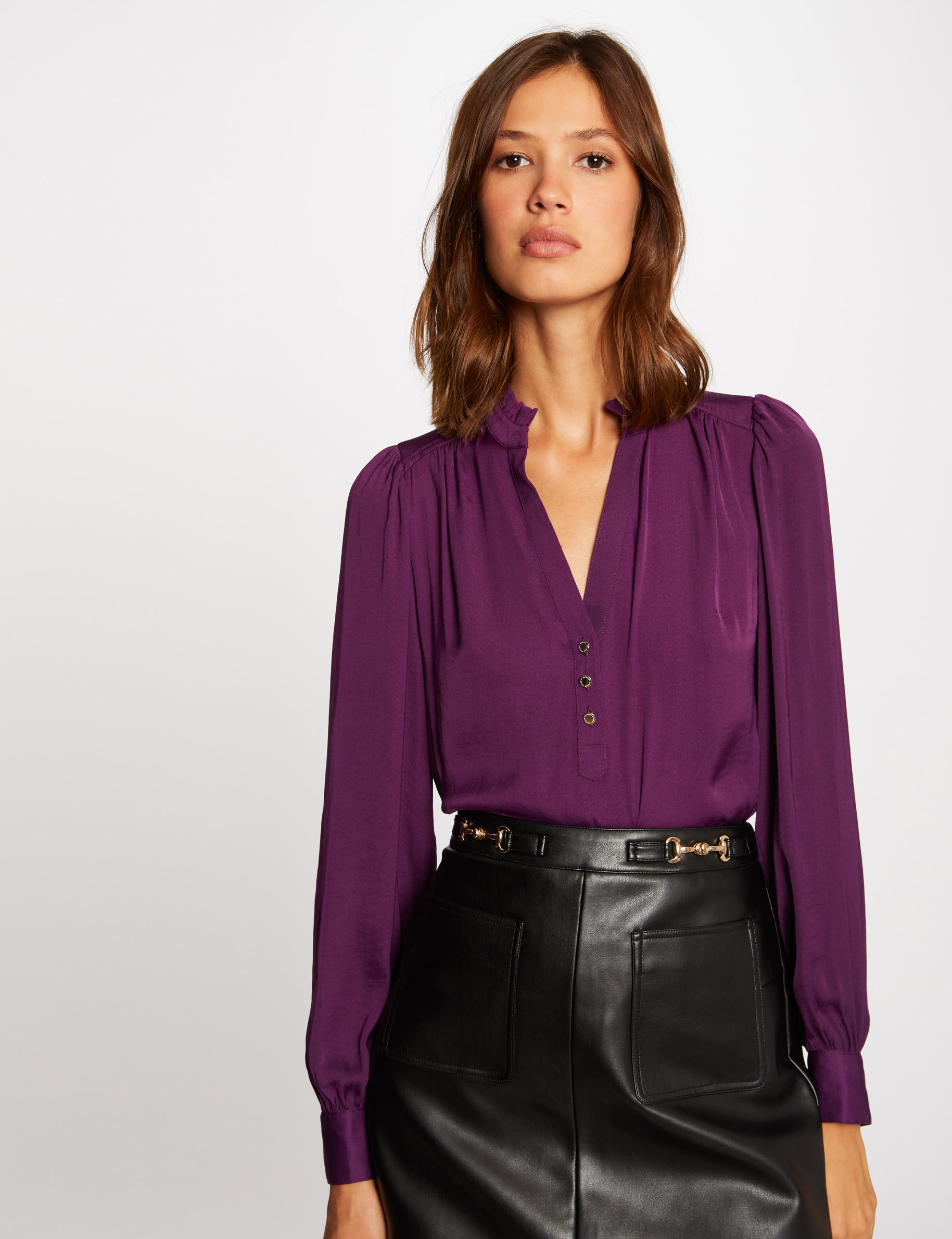 Chemisier Femme Pied-de-poule - Col Carré, Manches Longues Bouffantes, Décontracté - 85% Polyester, 10% Coton, 5% élasthanne