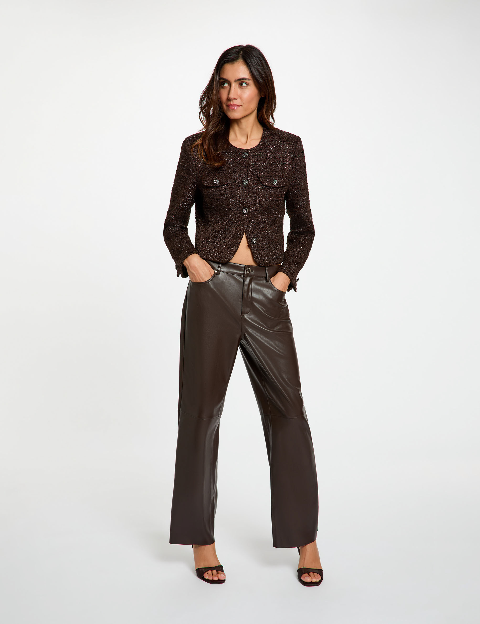 Pantalon bootcut similicuir marron fonc&eacute; femme
