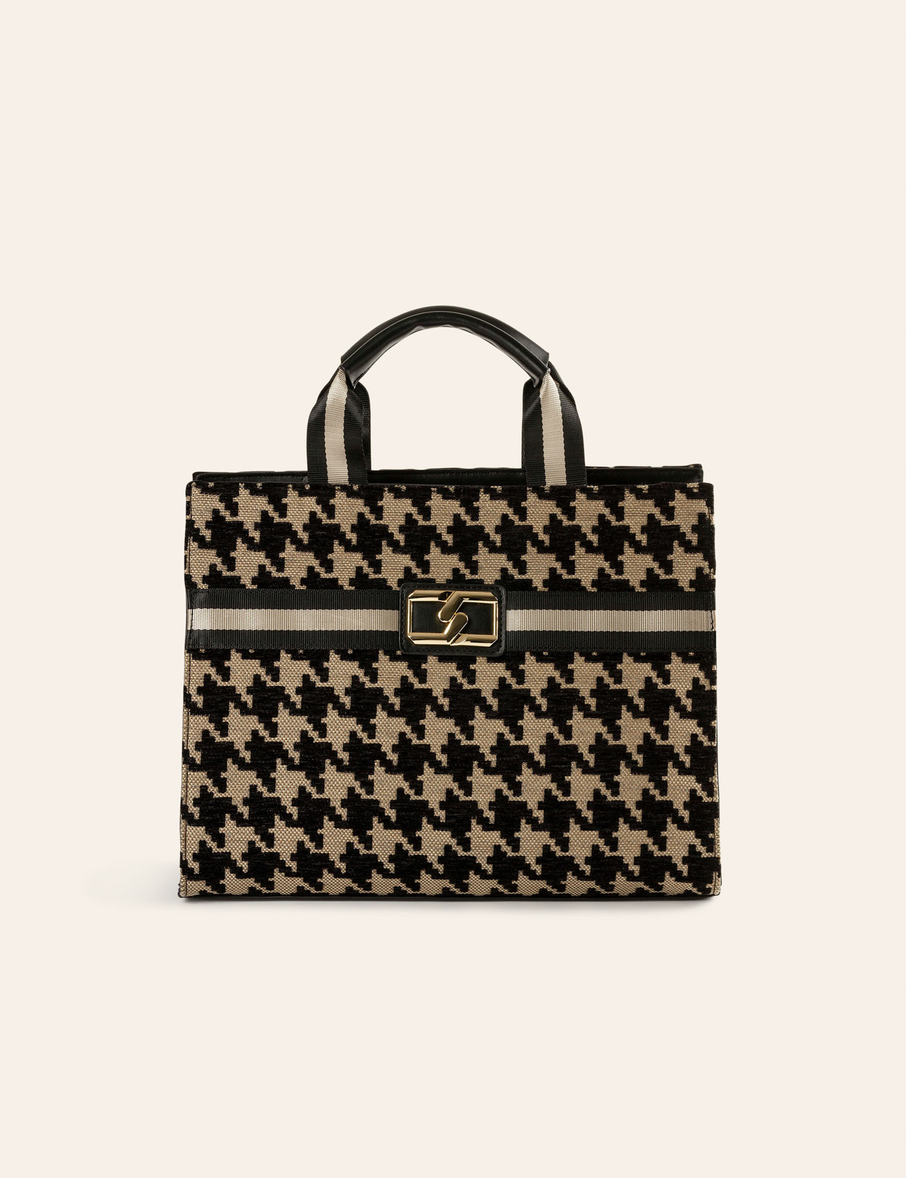 sac cabas imprime pied de coq marron femme Sac cabas imprimé pied de coq marron femme