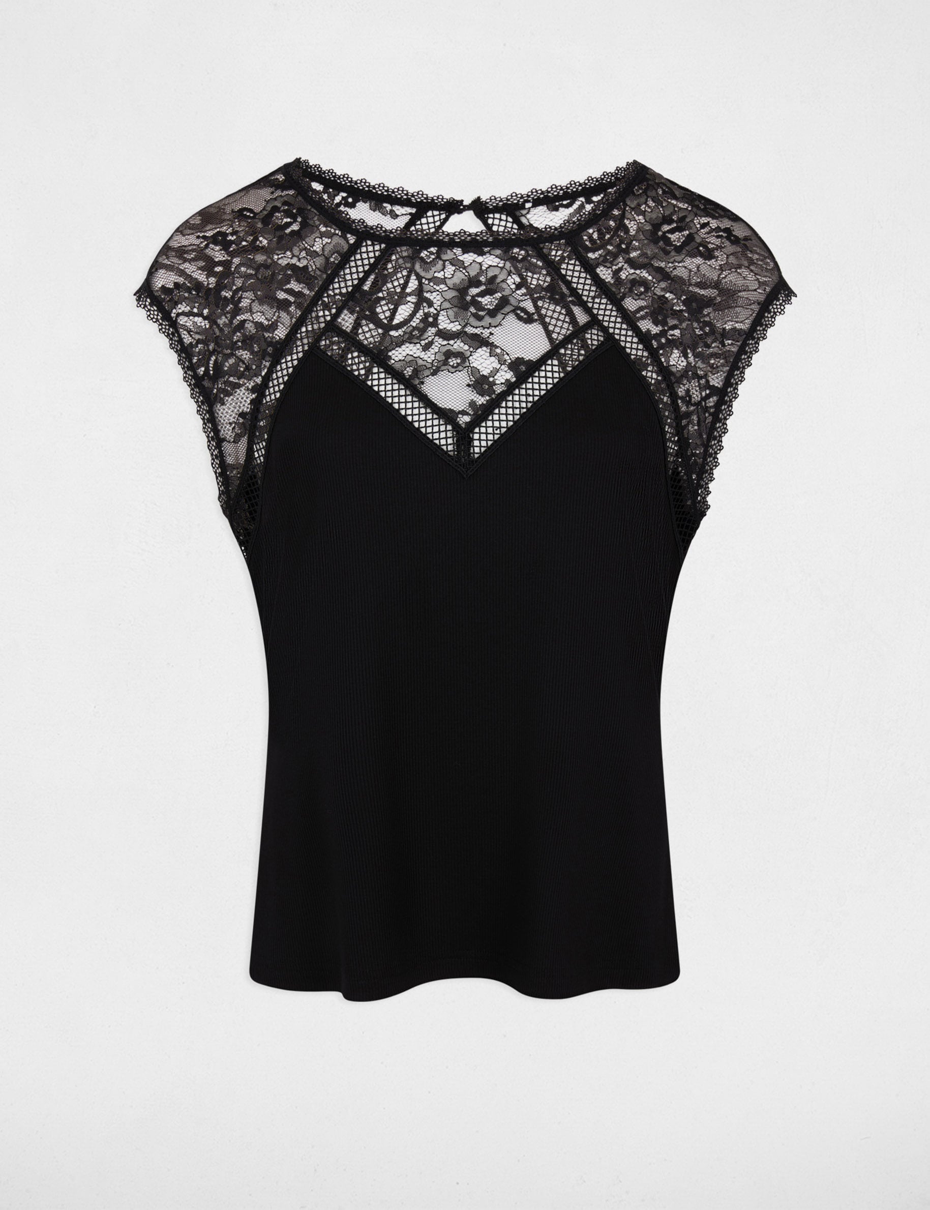 T-shirt dentelle col rond noir femme