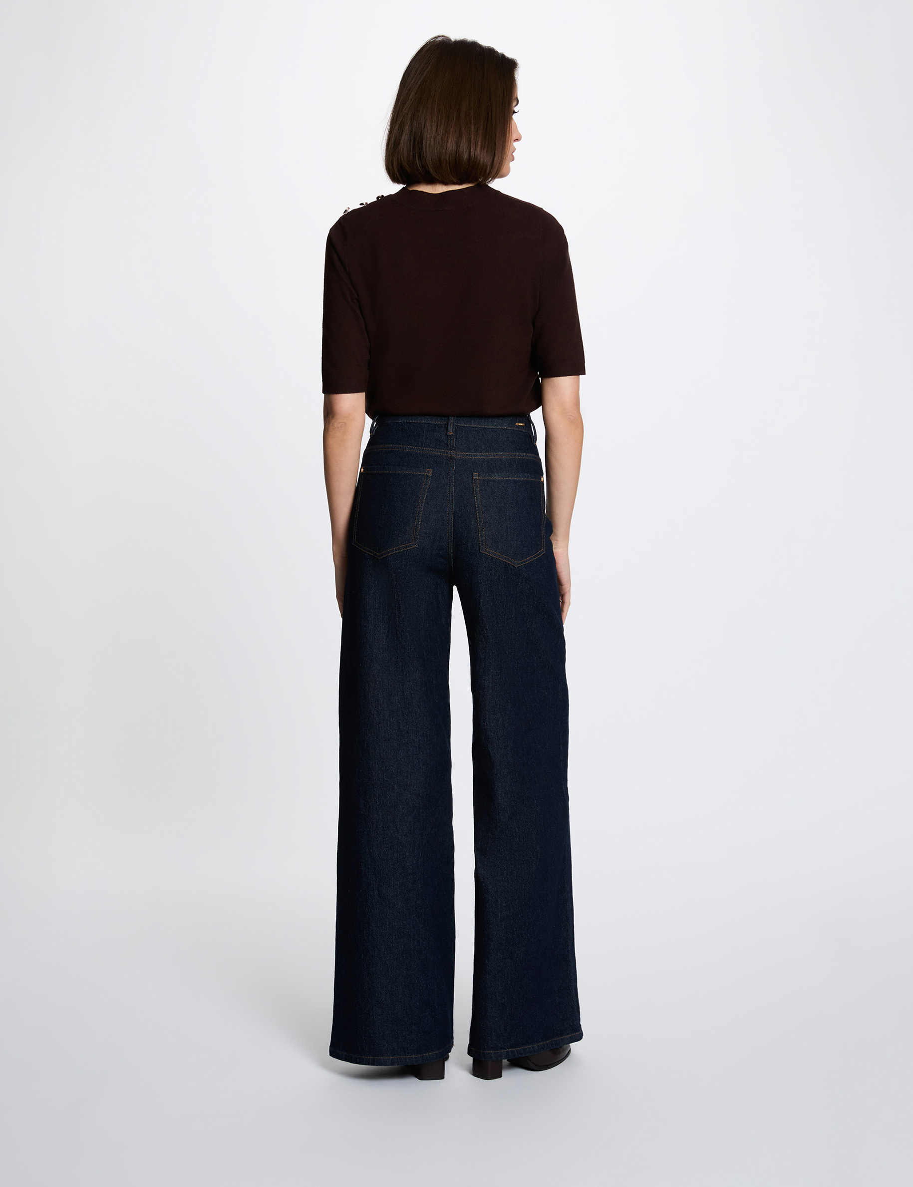 Pull col rond manches courtes marron fonc&eacute; femme