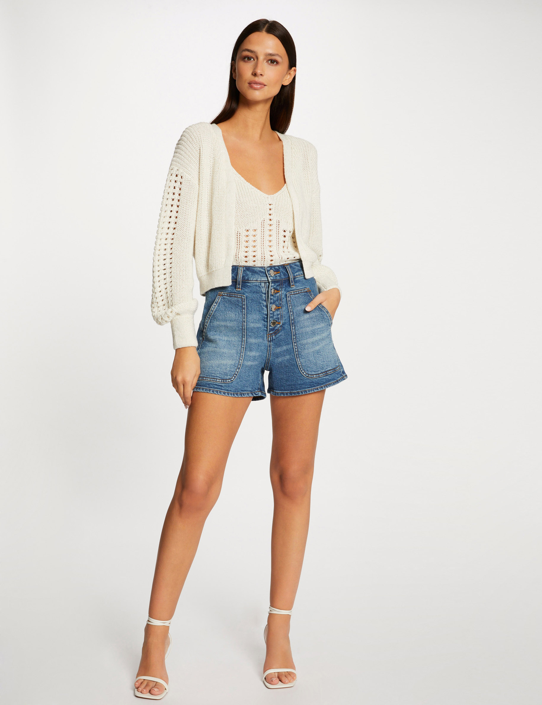 Gilet manches longues à détails ajourés beige femme