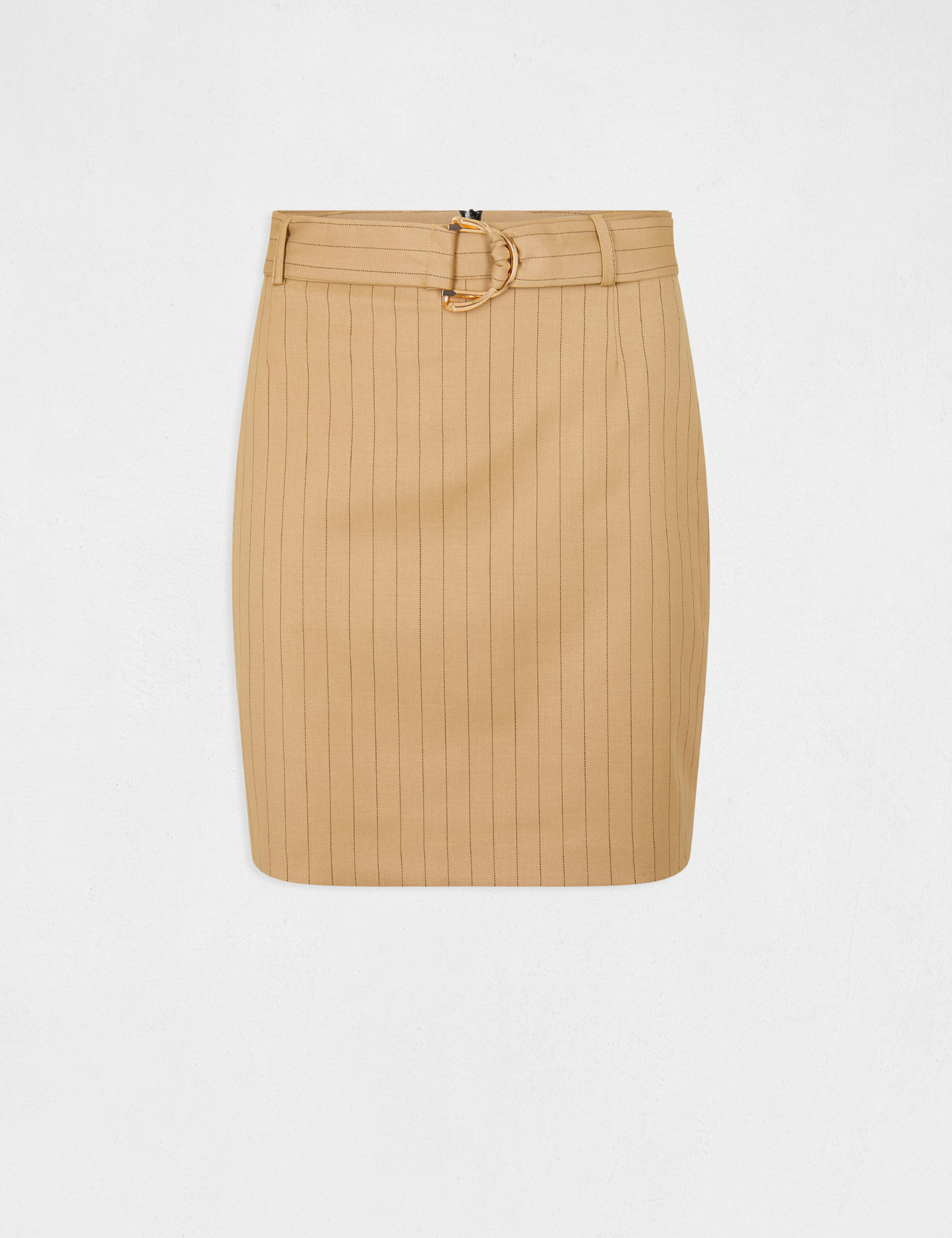 Jupe droite ceinturée à rayures beige femme