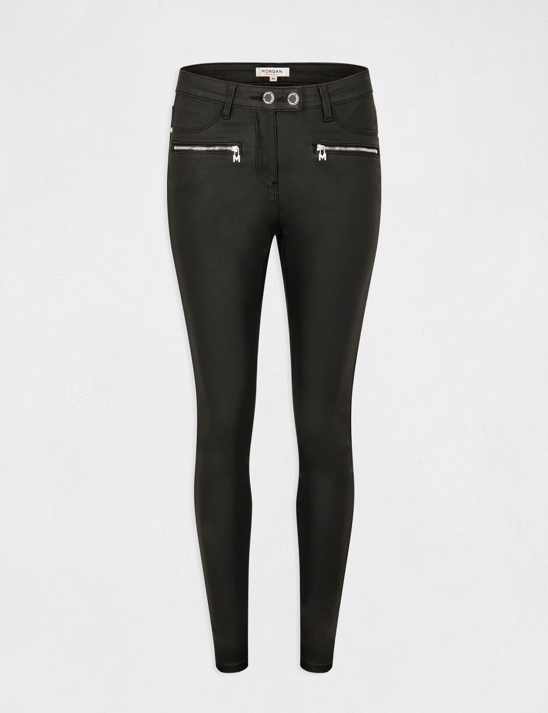pantalon skinny enduit details zippes noir femme Pantalon skinny enduit détails zippés noir femme