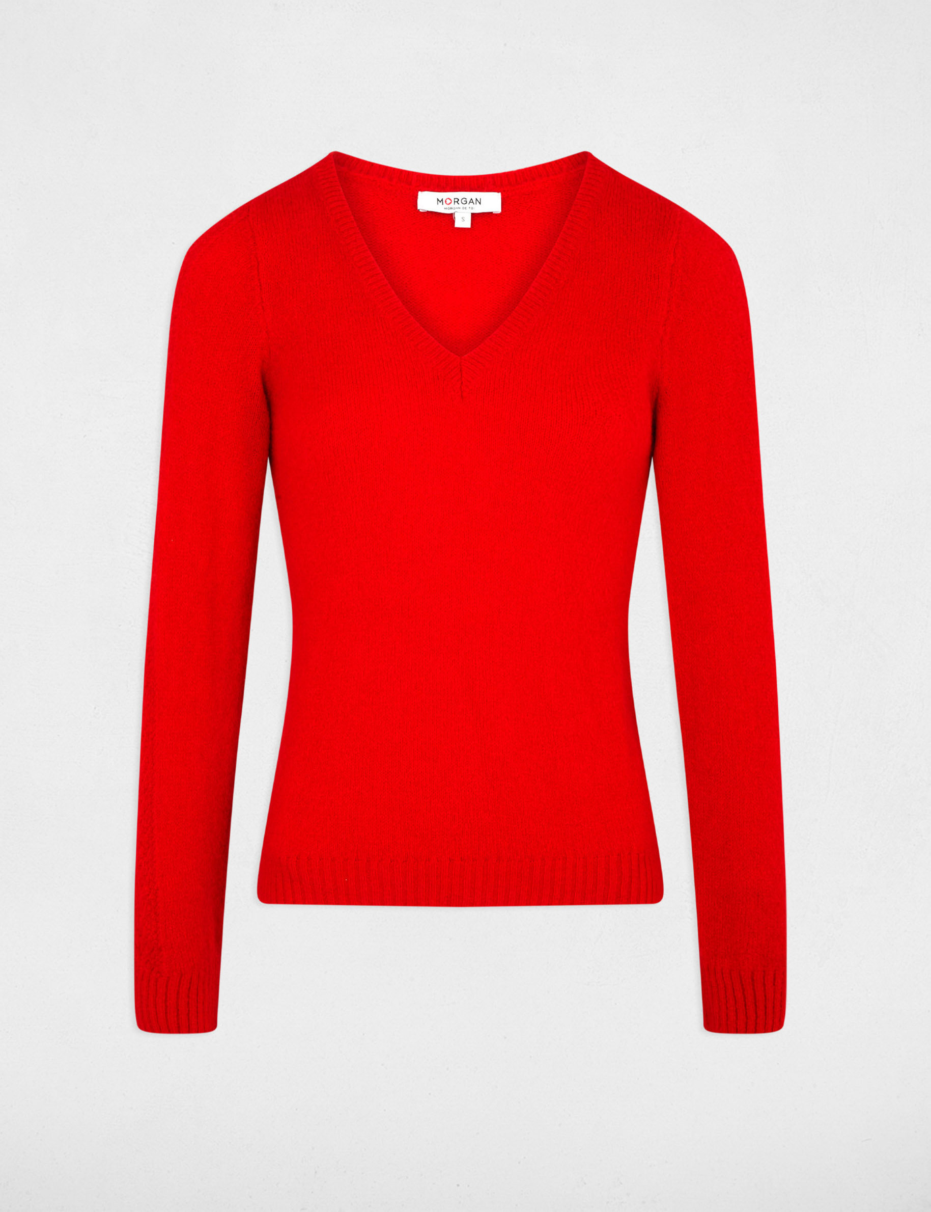 Pull court col v rouge femme