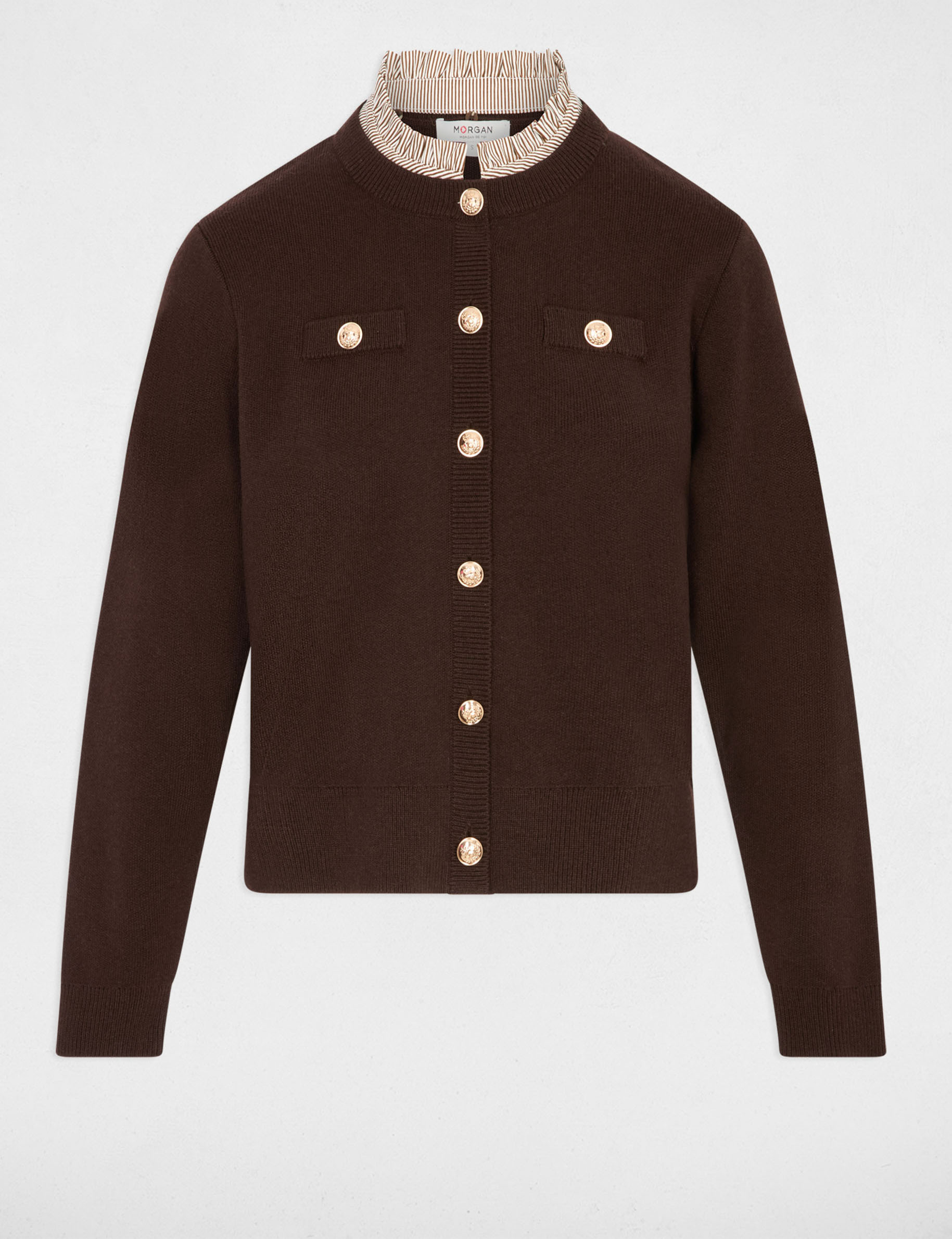 Gilet boutons bijoux marron fonc&eacute; femme