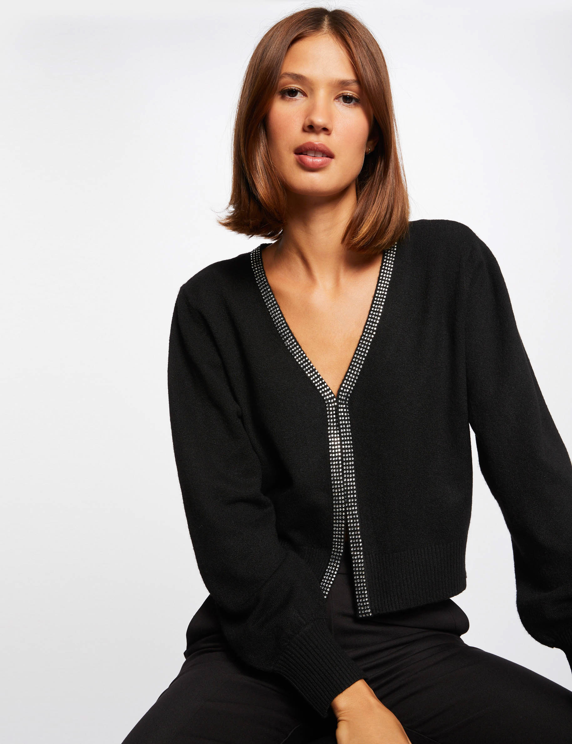 Gilet manches longues avec strass noir femme