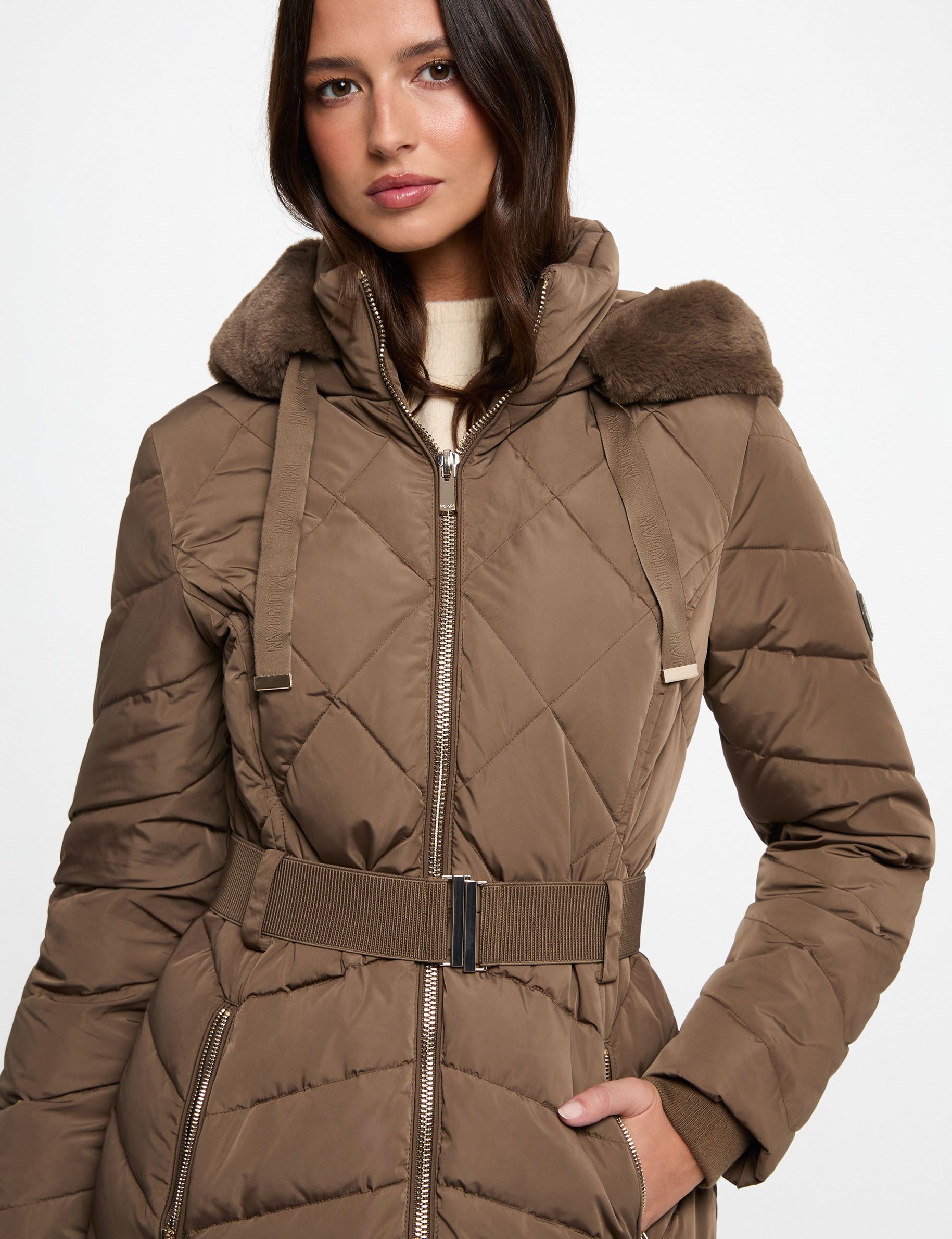 Doudoune longue capuche vert kaki femme