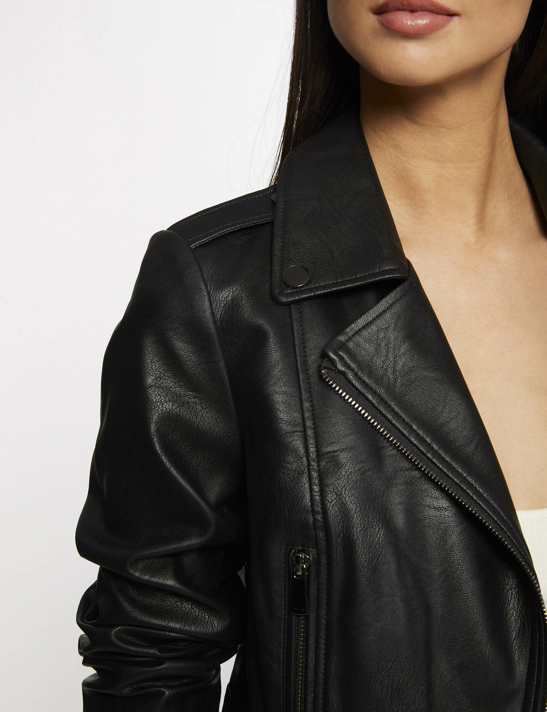 blouson droit zippe simili cuir noir femme Blouson droit zippé simili cuir noir femme