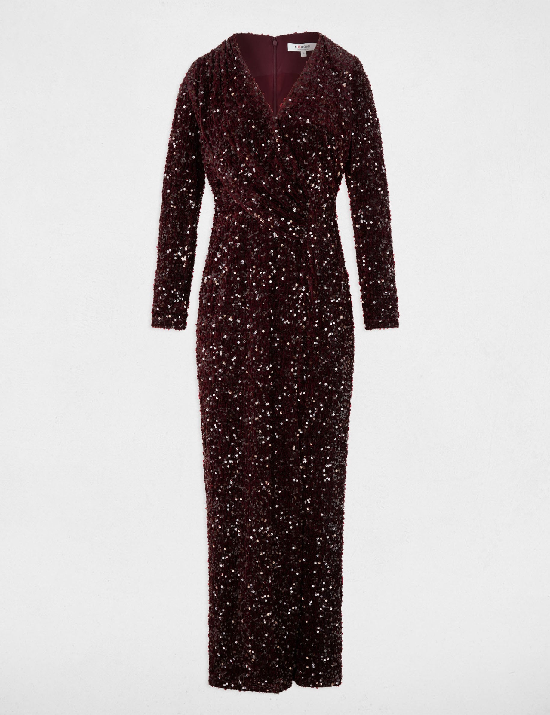 Robe longue ajust&eacute;e sequins prune femme