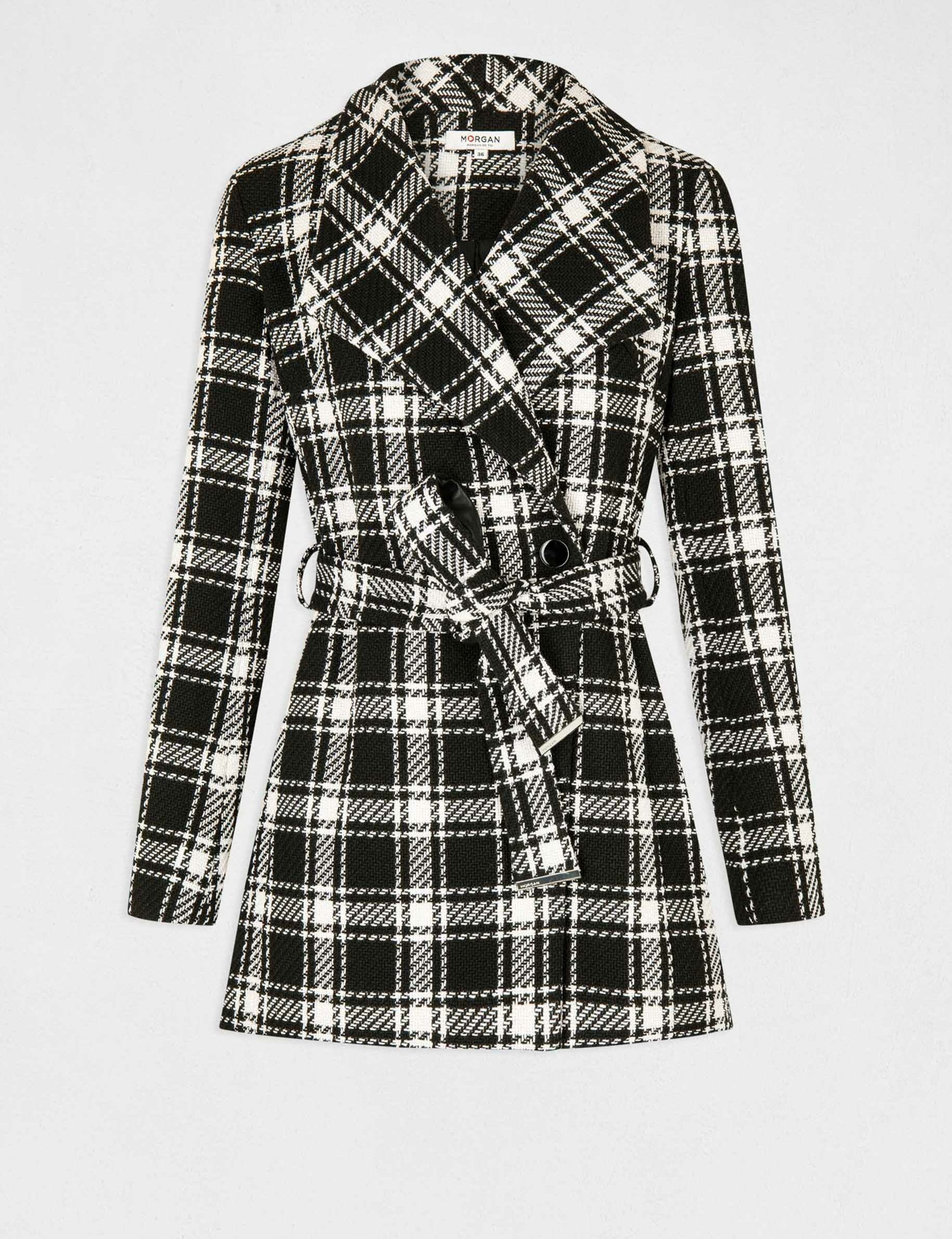 Manteau mi long cintr carreaux noir femme Morgan