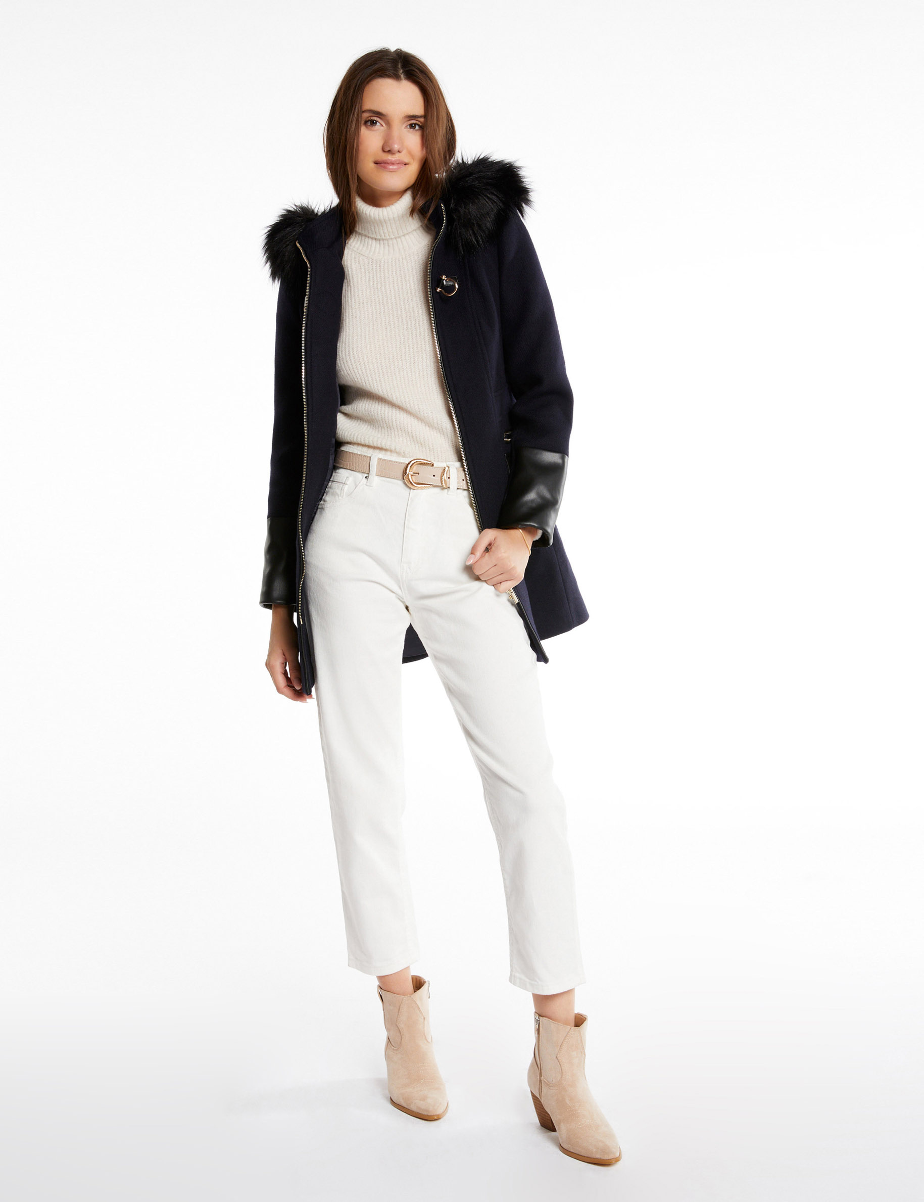 manteau droit zippe a capuche marine femme Manteau droit zippé à capuche marine femme