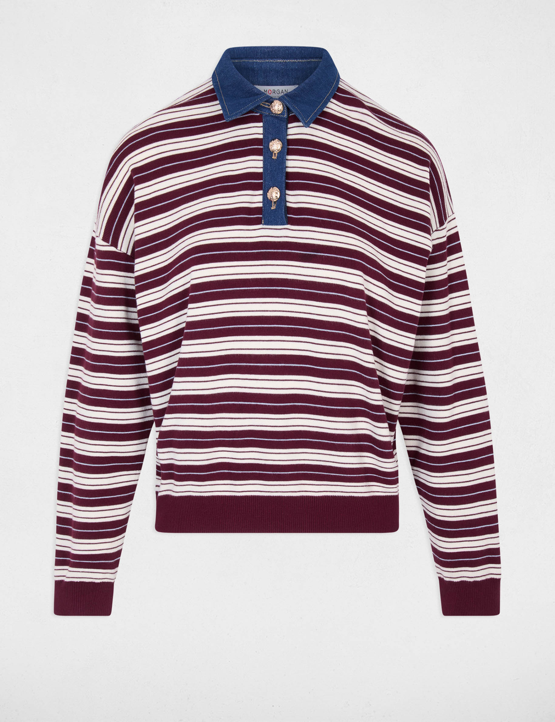 Pull ray&eacute; col &agrave; revers bordeaux femme