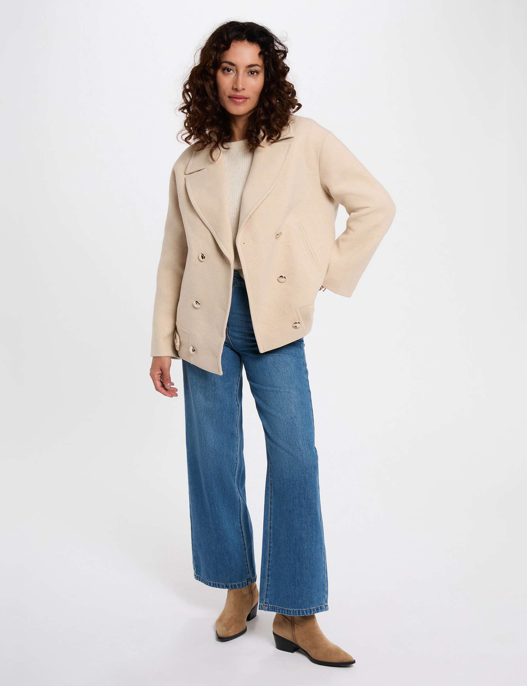 Manteau court bouclette beige femme