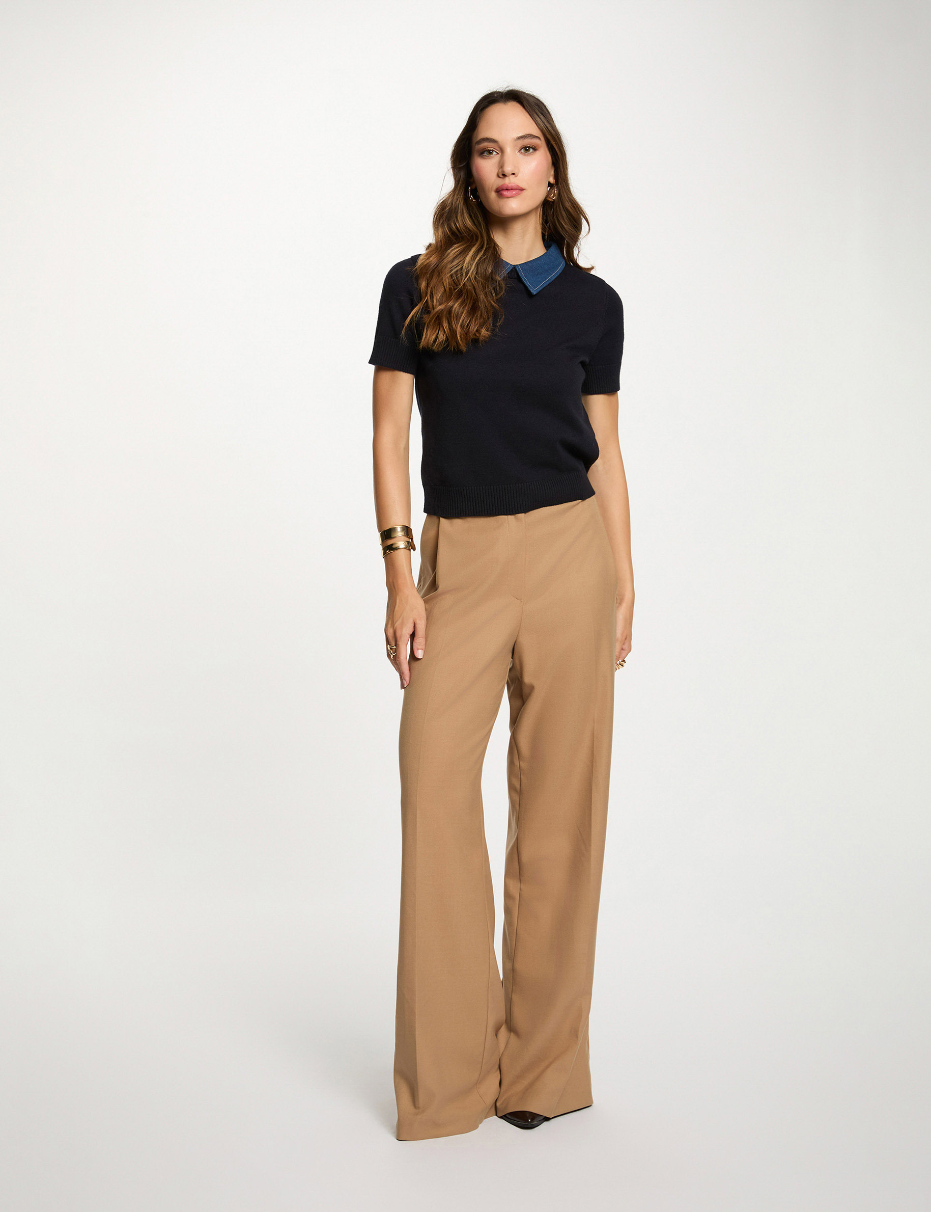Pull court col chemise bleu marine femme