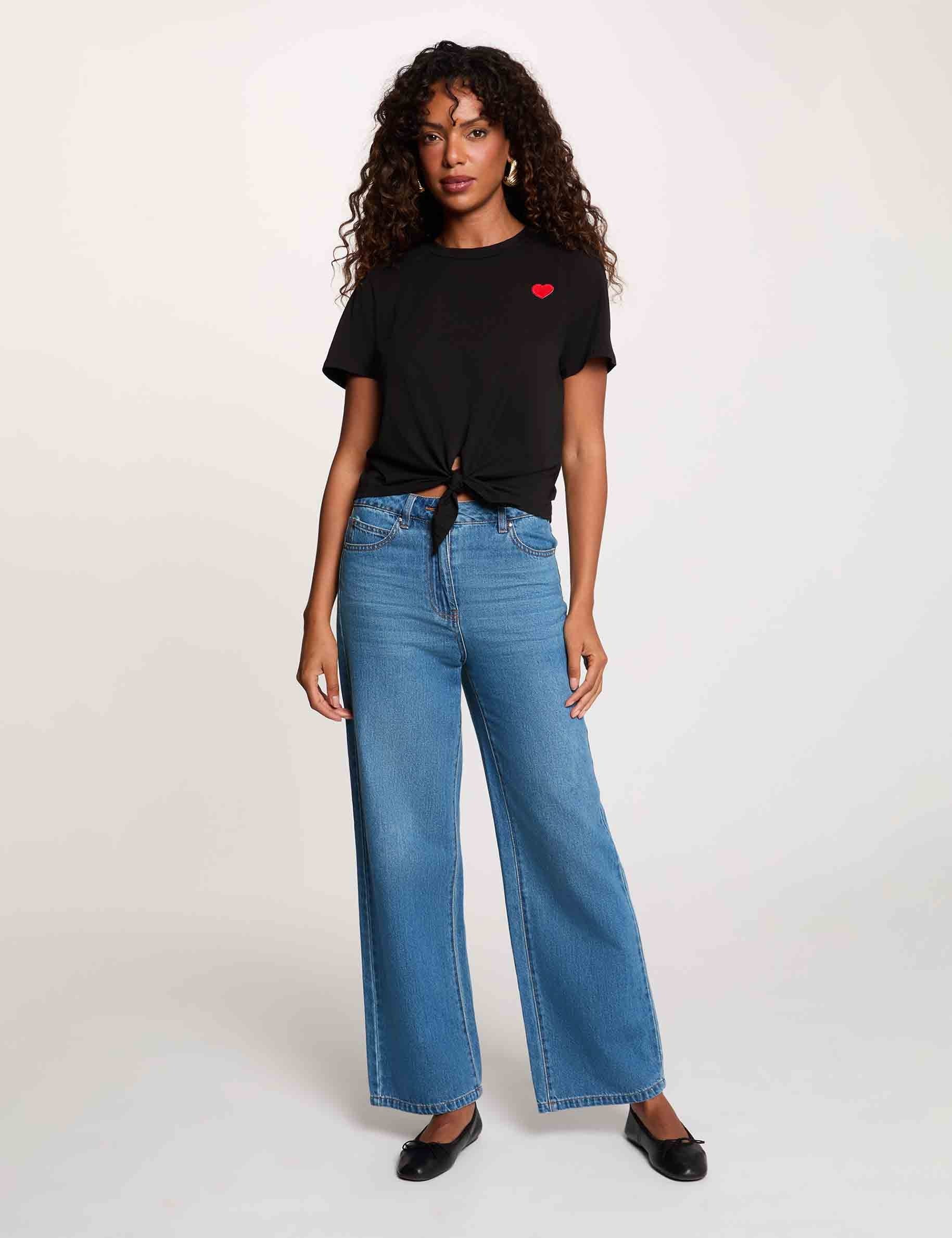 T-shirt noeud col rond noir femme