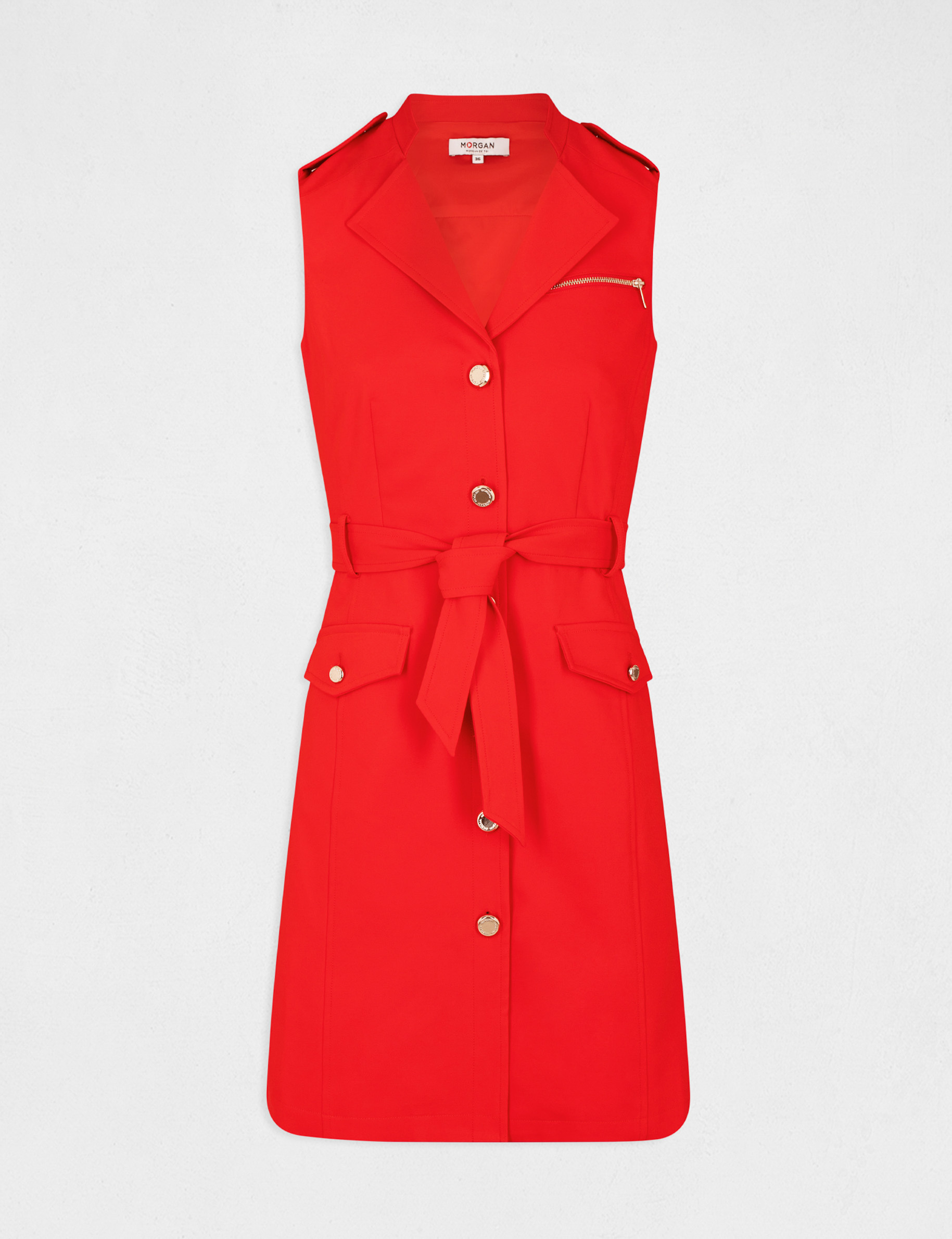 Robe droite boutonnée ceinturée rouge femme