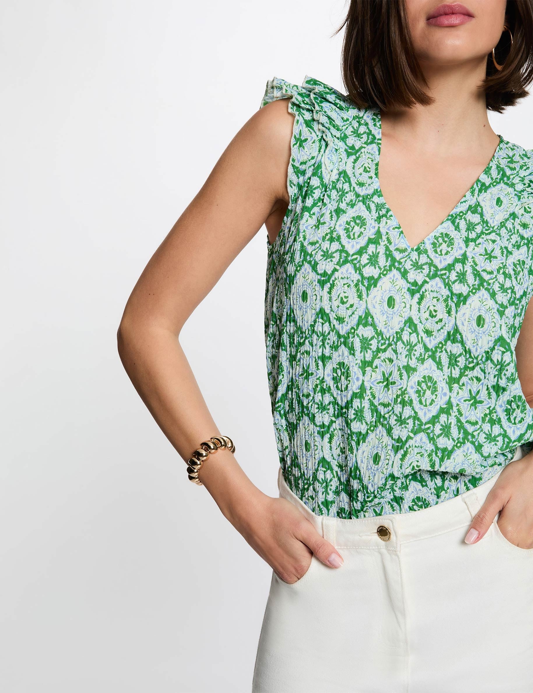 Top col v manches courtes multicolore femme